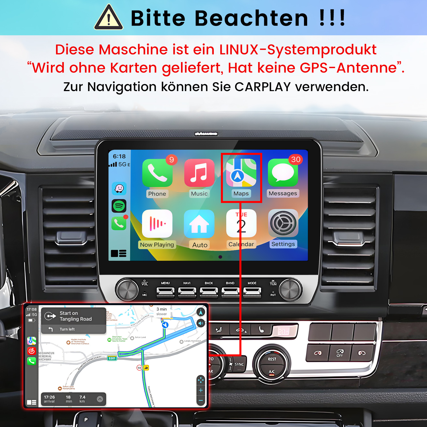 Linux-Autoradio mit CarPlay, ohne Karten und GPS, mit App-Menü und Kartennavigation.