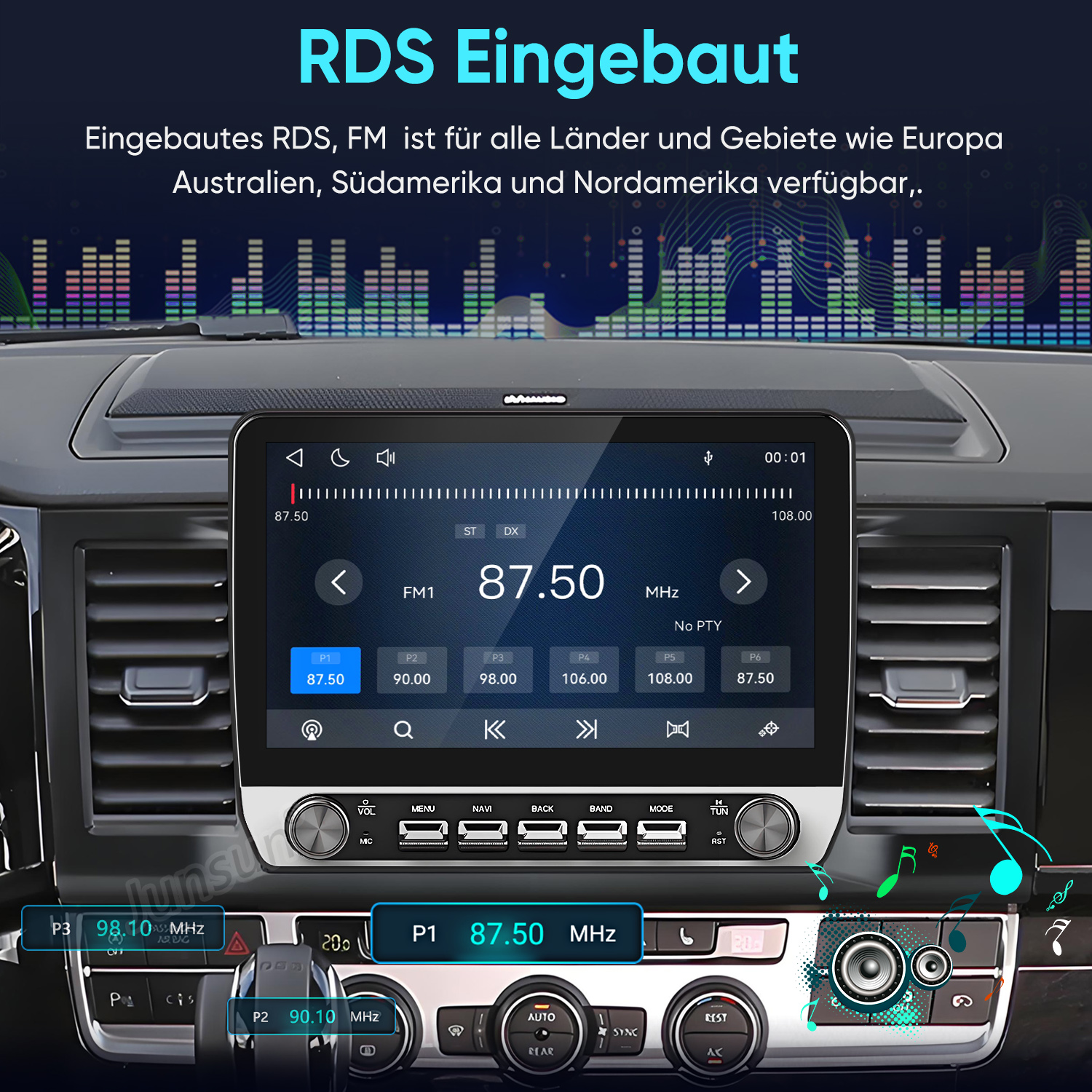 Ein Auto-Armaturenbrett mit einem digitalen Touchscreen-Radio, das einen UKW-Sender bei 87,50 MHz anzeigt.