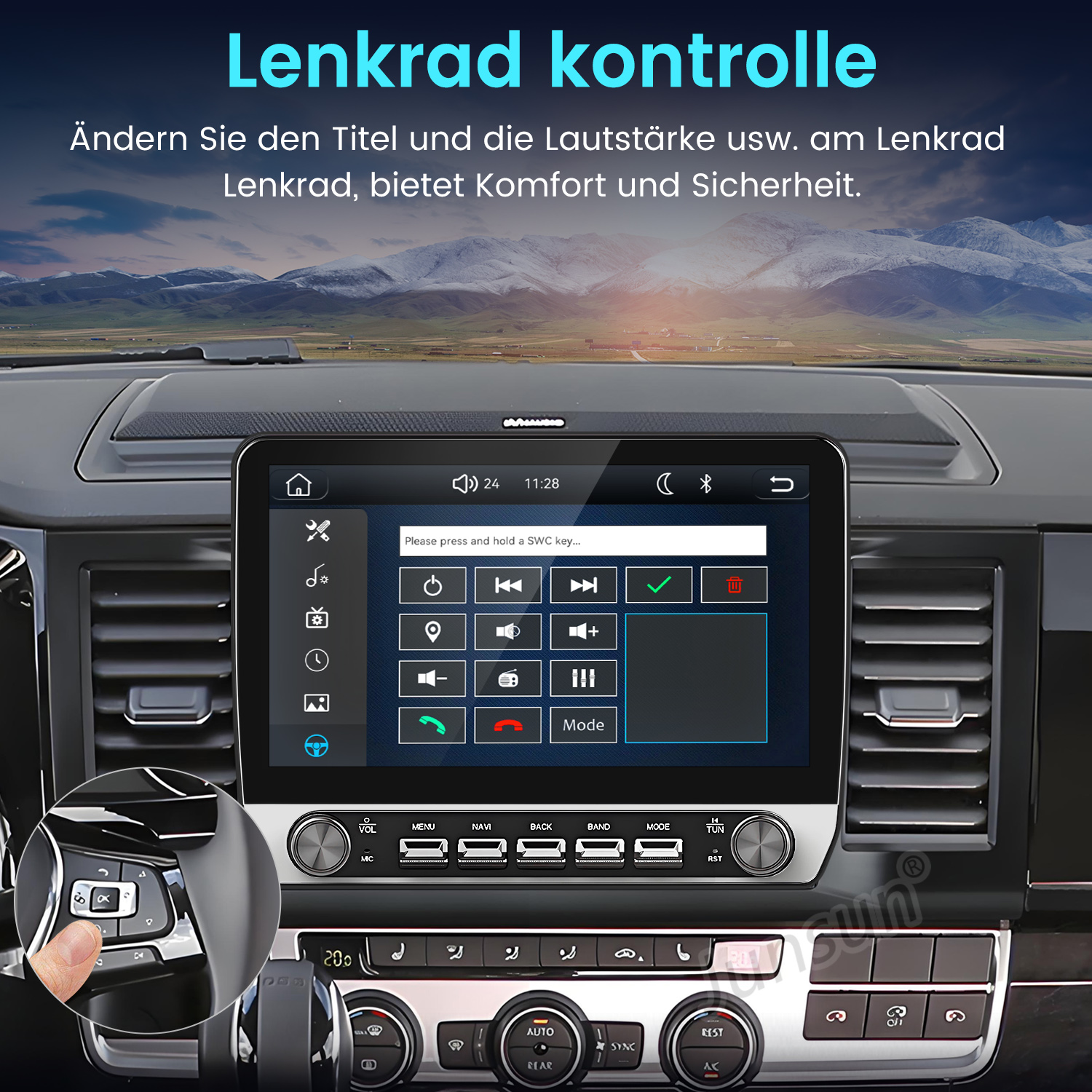 Autobarmaturenbrett mit Touchscreen-Infotainmentsystem und Lenkradbedienung, im Hintergrund sind Berge zu sehen.