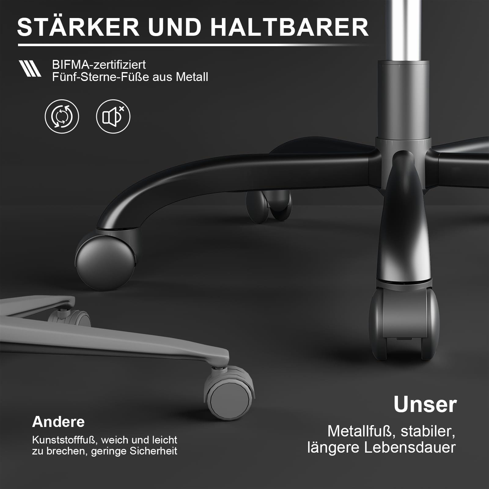Vergleich von Bürostuhlbeinen mit einem langlebigen Metallfuß im Gegensatz zu einem schwächeren Kunststofffuß.