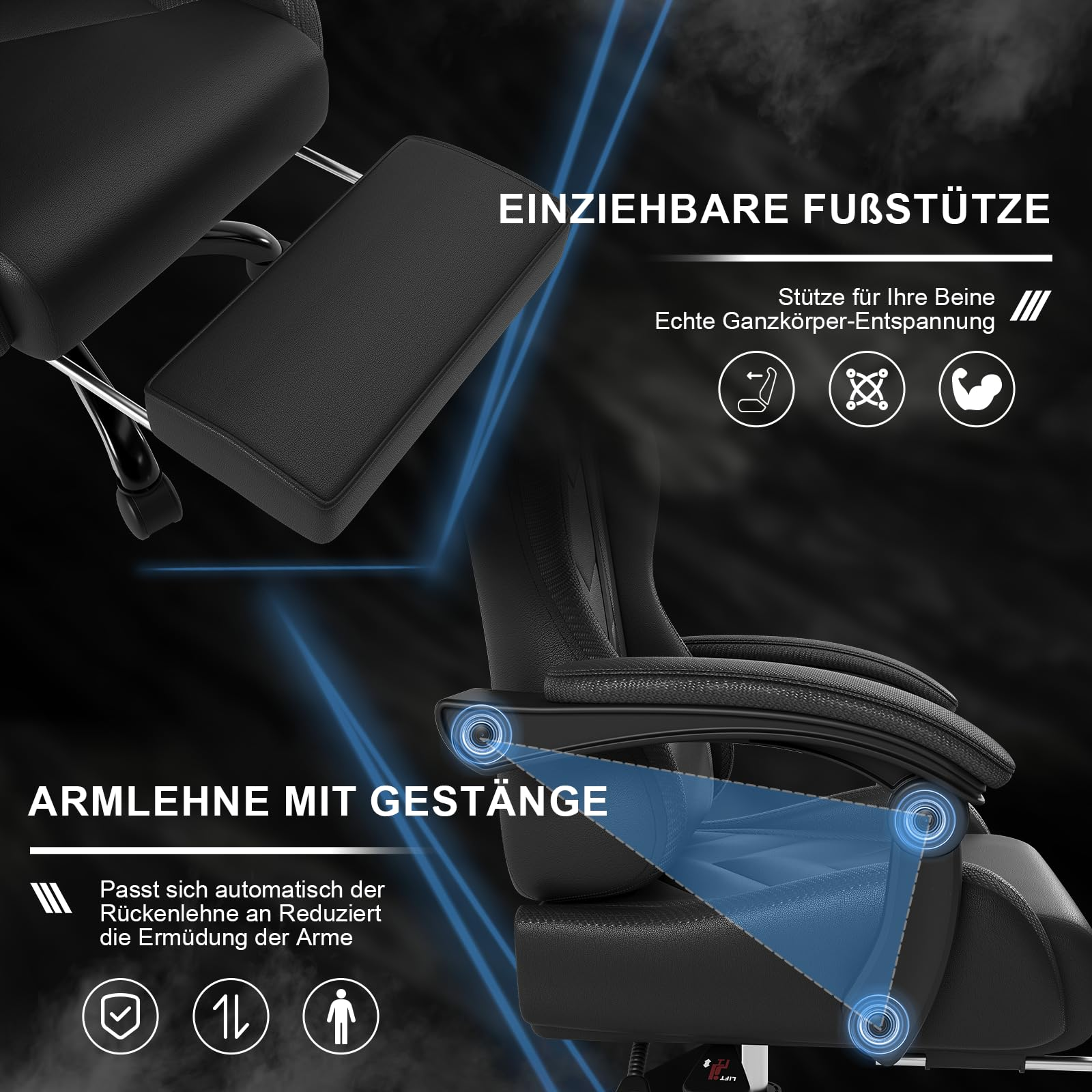 Ein Gaming-Stuhl mit ausziehbarer Fußstütze und verstellbaren Armlehnen auf schwarzem Hintergrund.