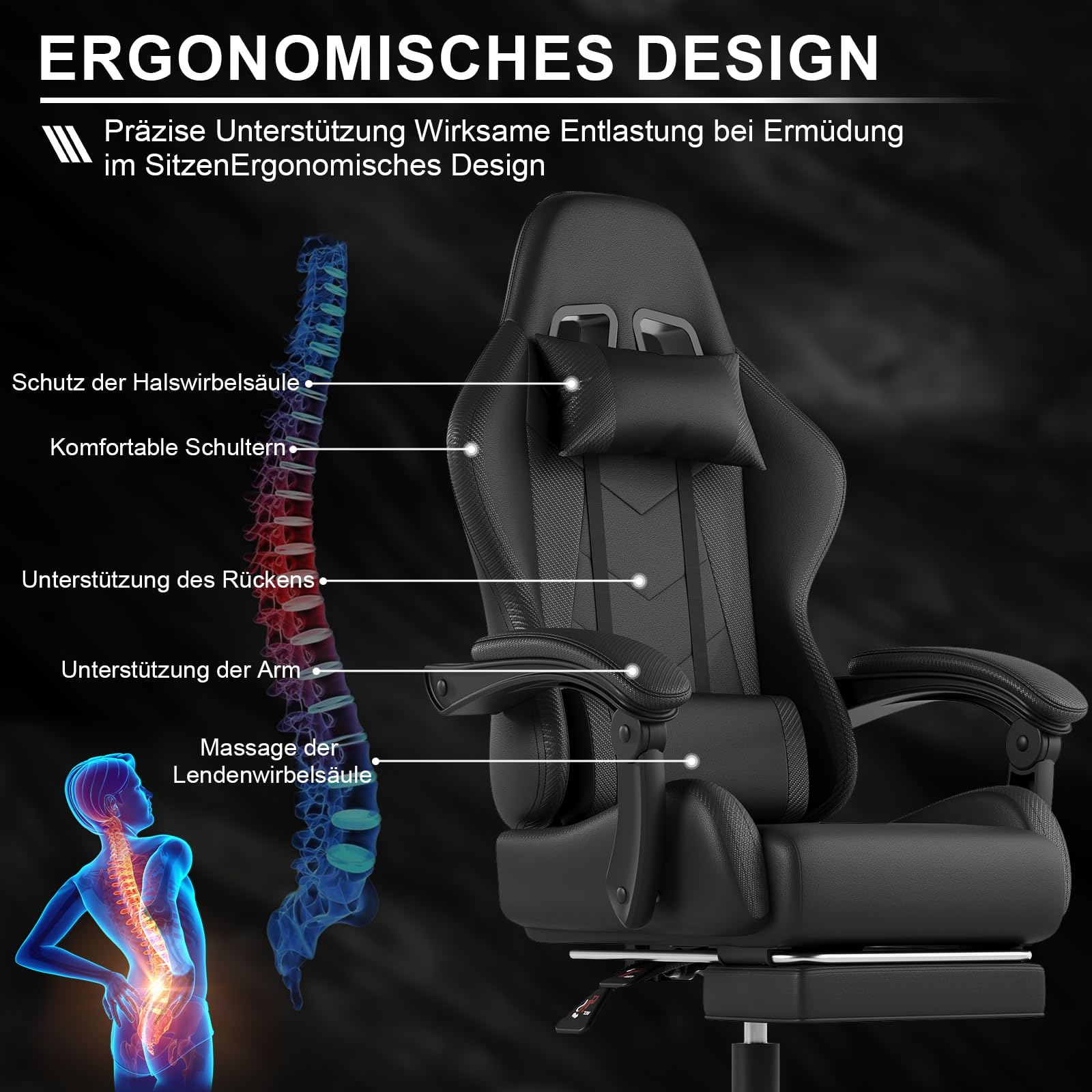 Ergonomischer schwarzer Gaming-Stuhl mit Rückenstützpunkten und Diagramm.