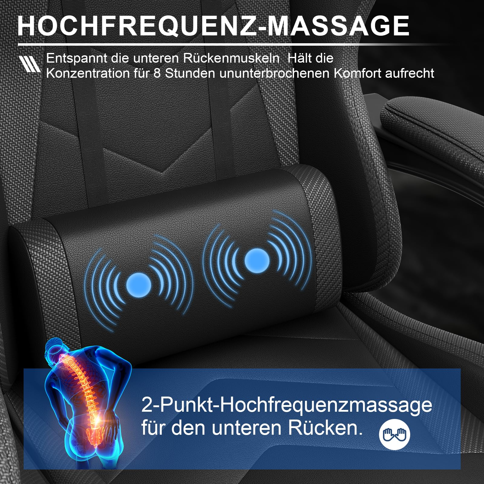 Gaming-Stuhl mit Lumbalmassagekissen für den unteren Rücken, Text und anatomische Grafik inklusive.
