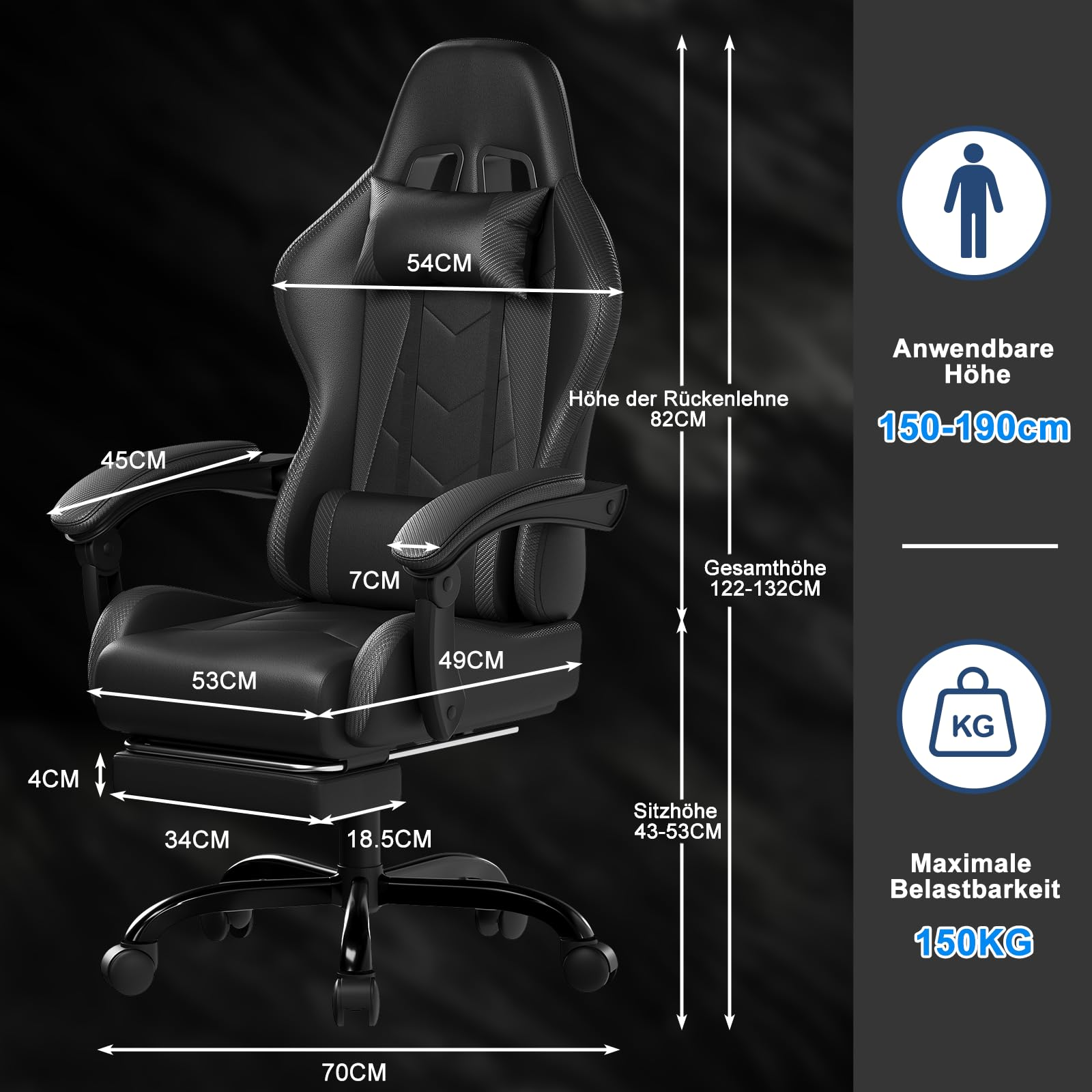 Technisches Diagramm eines schwarzen Gaming-Stuhls mit detaillierten Maßangaben und Spezifikationen.