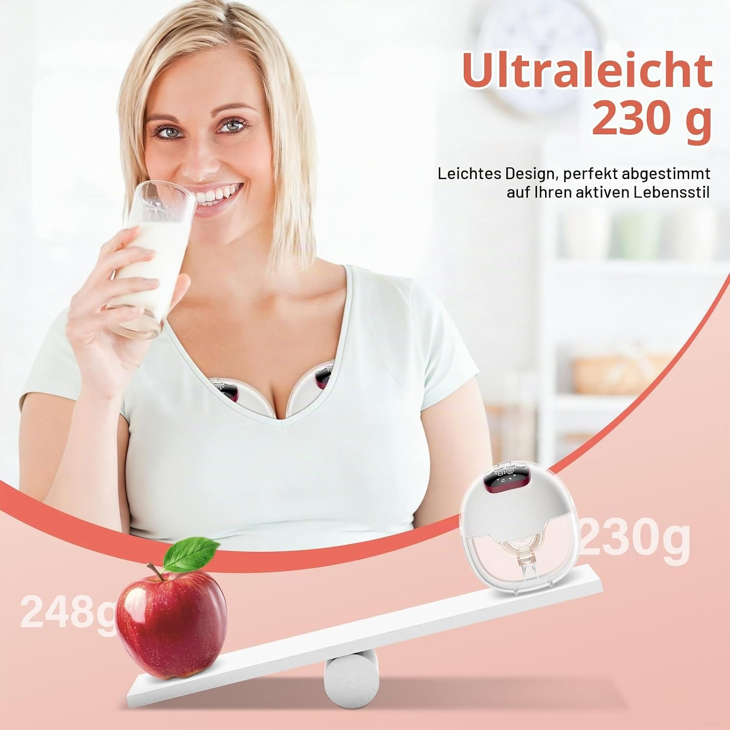 Blonde Frau trinkt Milch, unten eine Waage mit Apfel und einer leichten Milchpumpe.