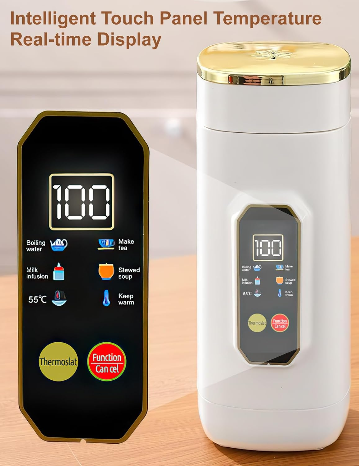 Weiße Thermoskanne mit goldenem Deckel und einem digitalen Touchpanel für verschiedene Temperaturfunktionen.