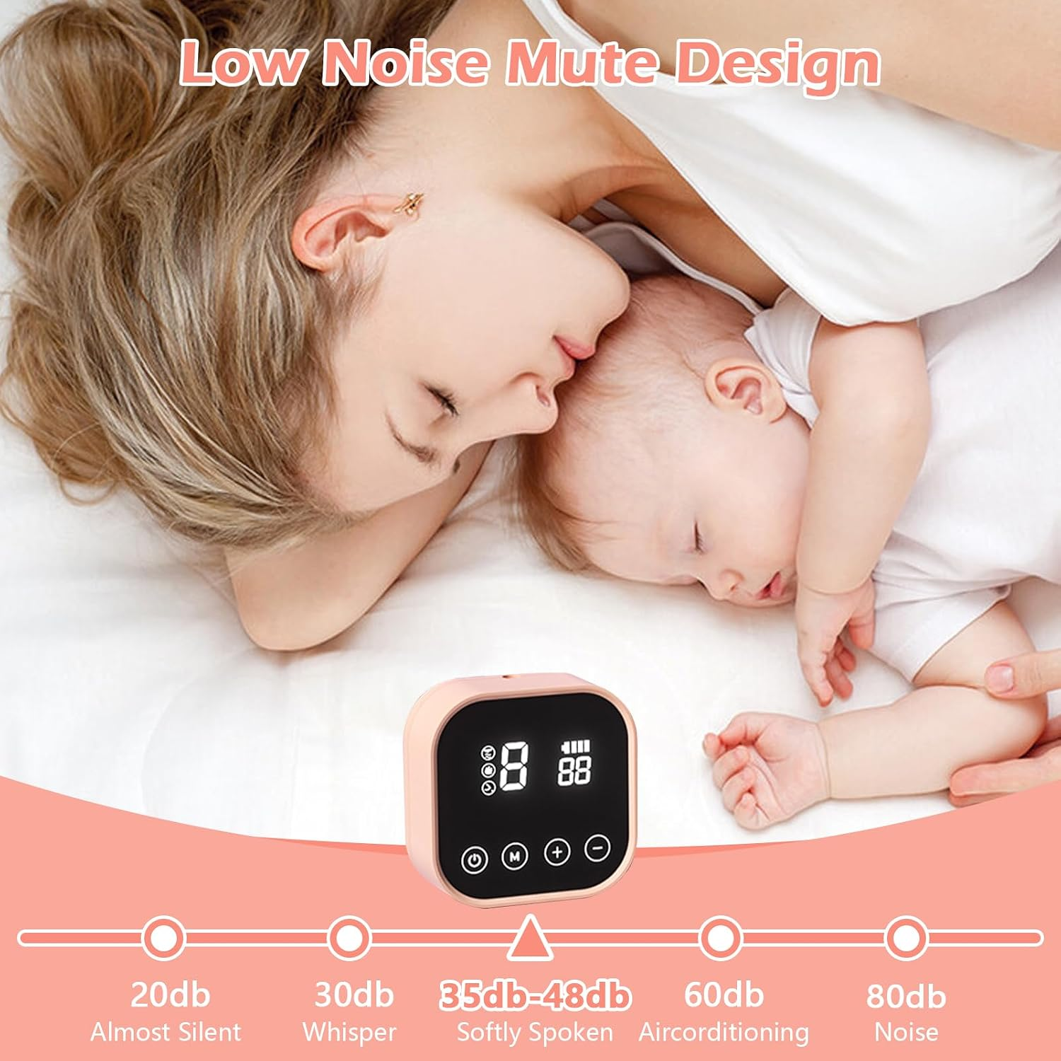 Eine Mutter und ein Baby schlafen friedlich neben einem digitalen Schallpegelmesser.