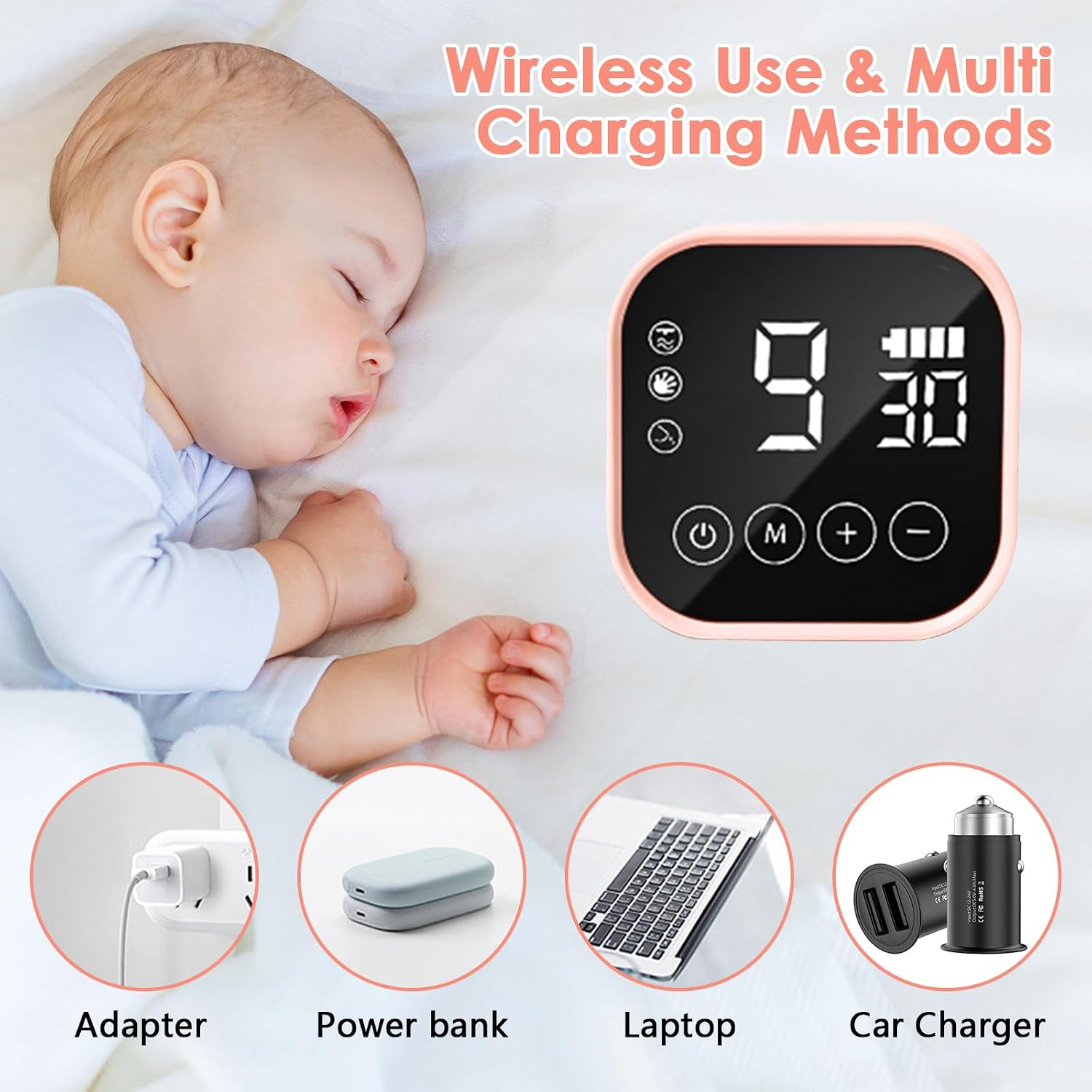 Schlafendes Baby mit digitalem Gerät und vier Lademethoden: Adapter, Powerbank, Laptop und Autoladegerät.