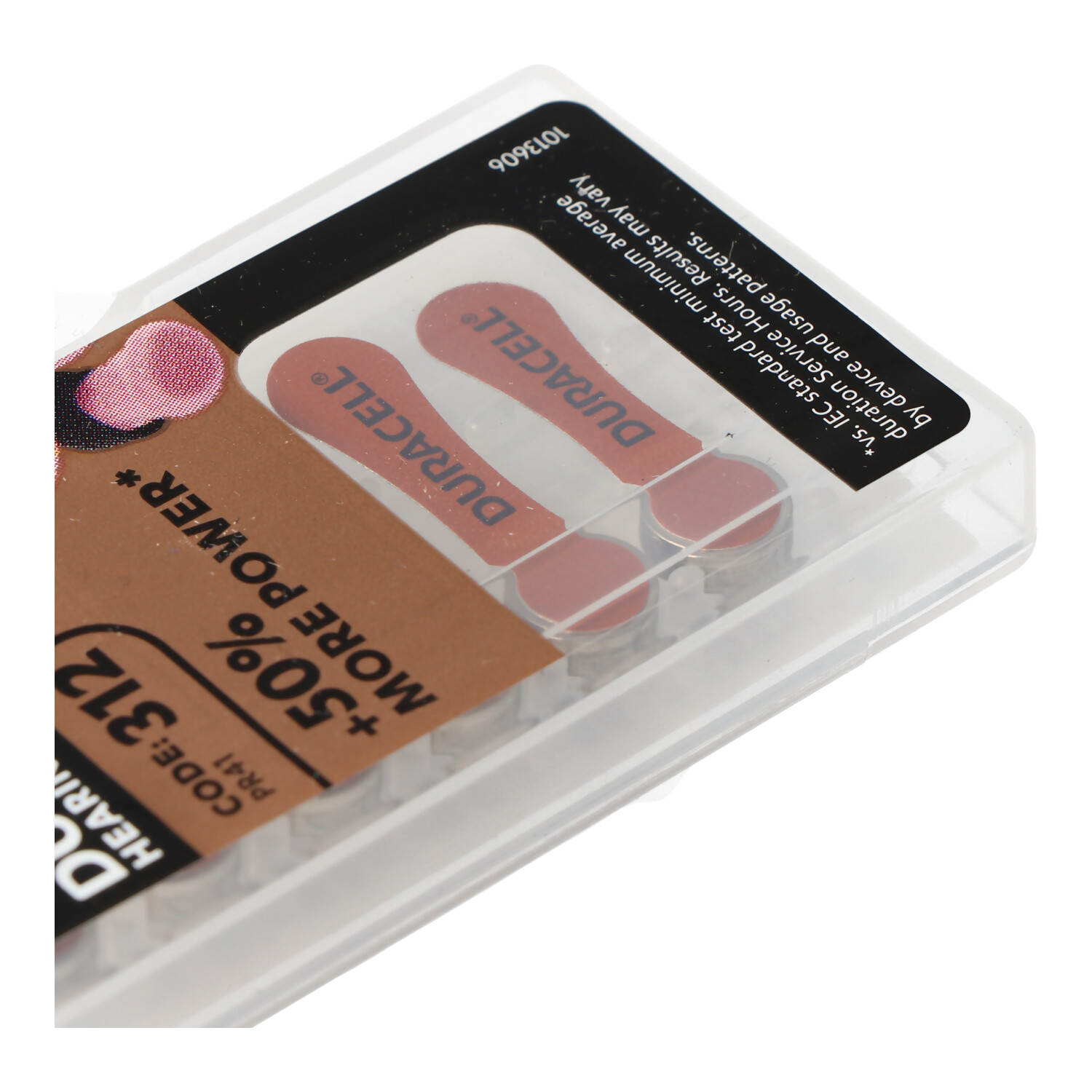Una confezione di batterie per apparecchi acustici Duracell, codice 312, con linguette rosse e bianche.