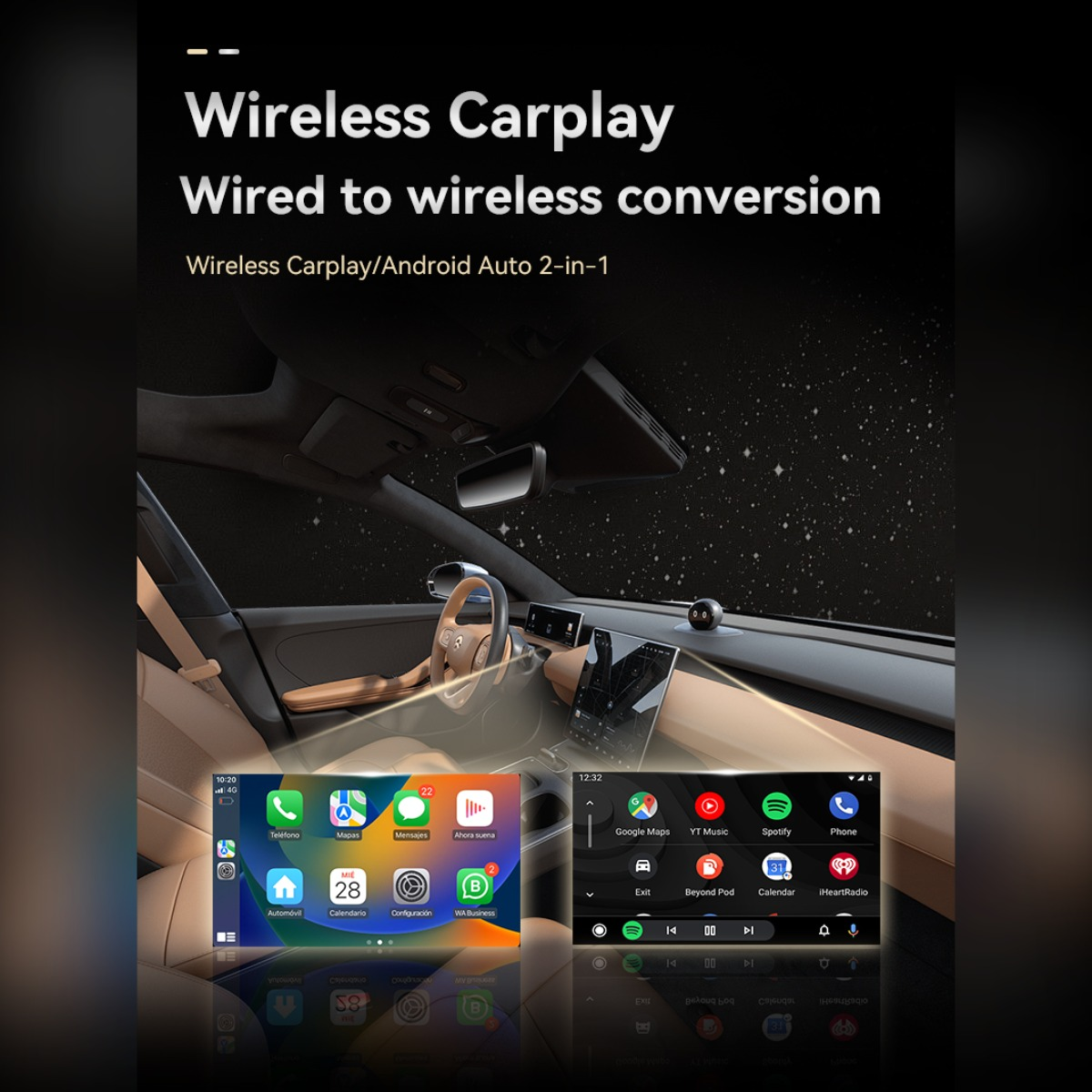 Autoinnenraum mit Wireless Carplay und Android Auto Bildschirm.
