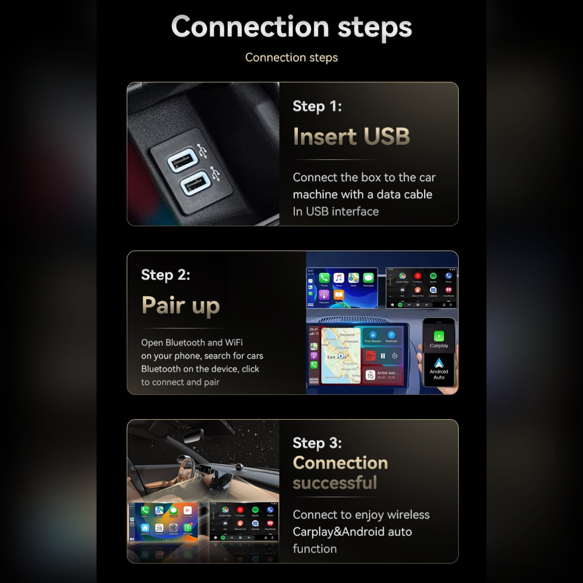 Infografik zeigt drei Schritte zum Verbinden eines Autoradios mit USB, Bluetooth und WLAN.