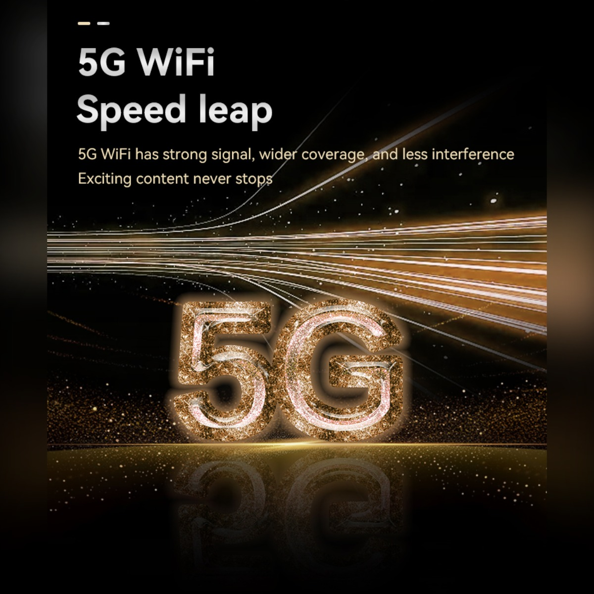 Goldenes 5G Logo mit glänzenden Lichtstreifen auf schwarzem Hintergrund und Text über WLAN-Geschwindigkeit.
