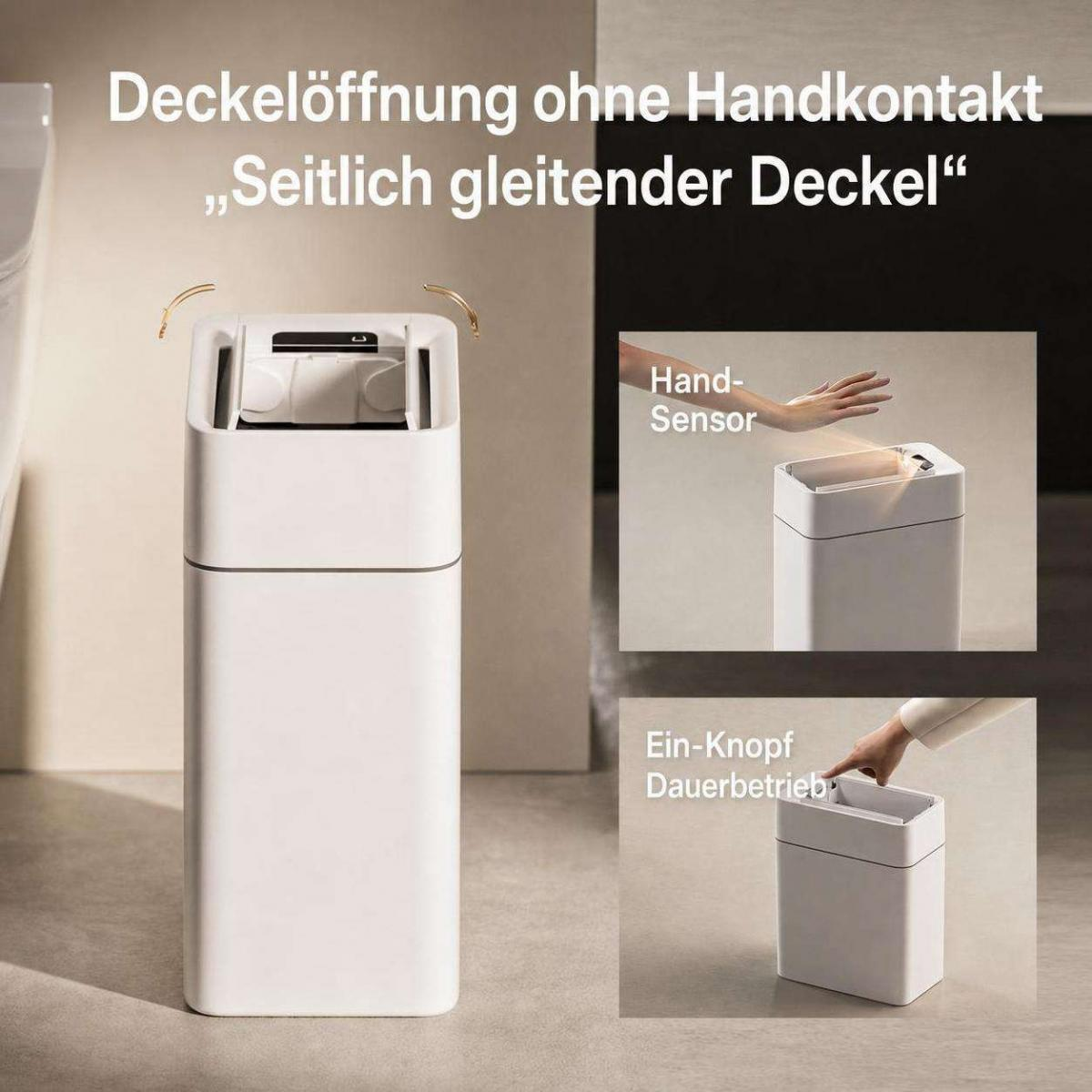 Weißer Mülleimer mit Sensor und seitlich gleitendem Deckel.