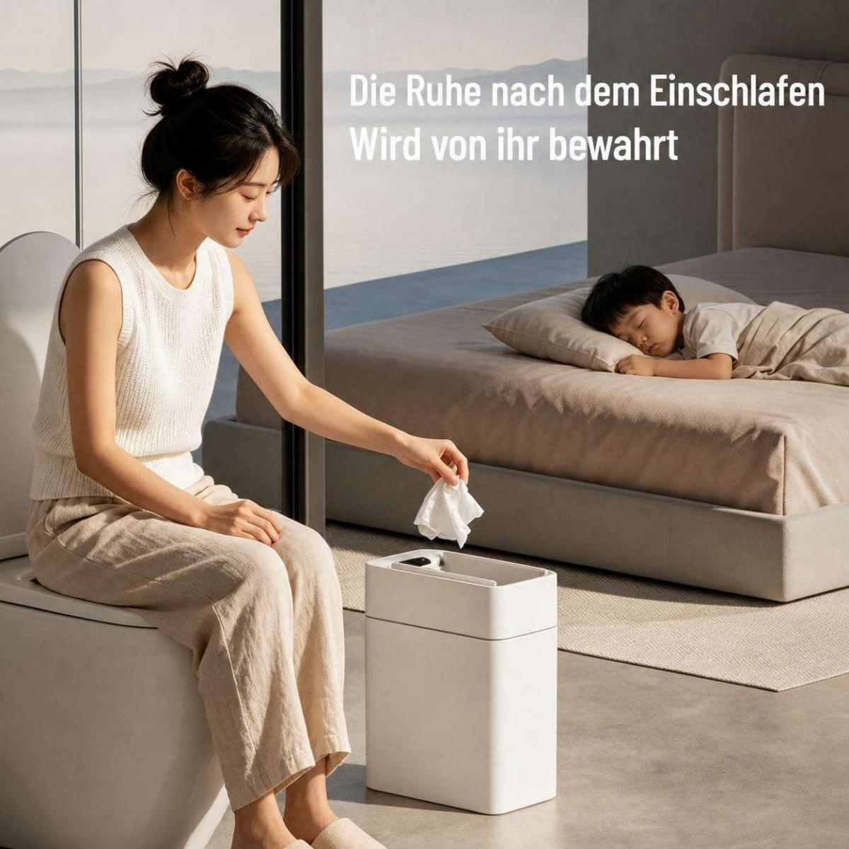 Eine Frau sitzt auf der Toilette und wirft ein Tuch in einen Mülleimer, während im Hintergrund ein Kind schläft.