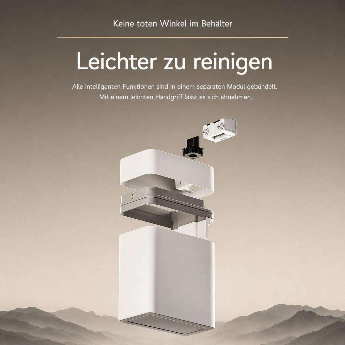 Explosionszeichnung eines weißen Behälters mit abnehmbarem Technologiemodul und deutscher Beschriftung.