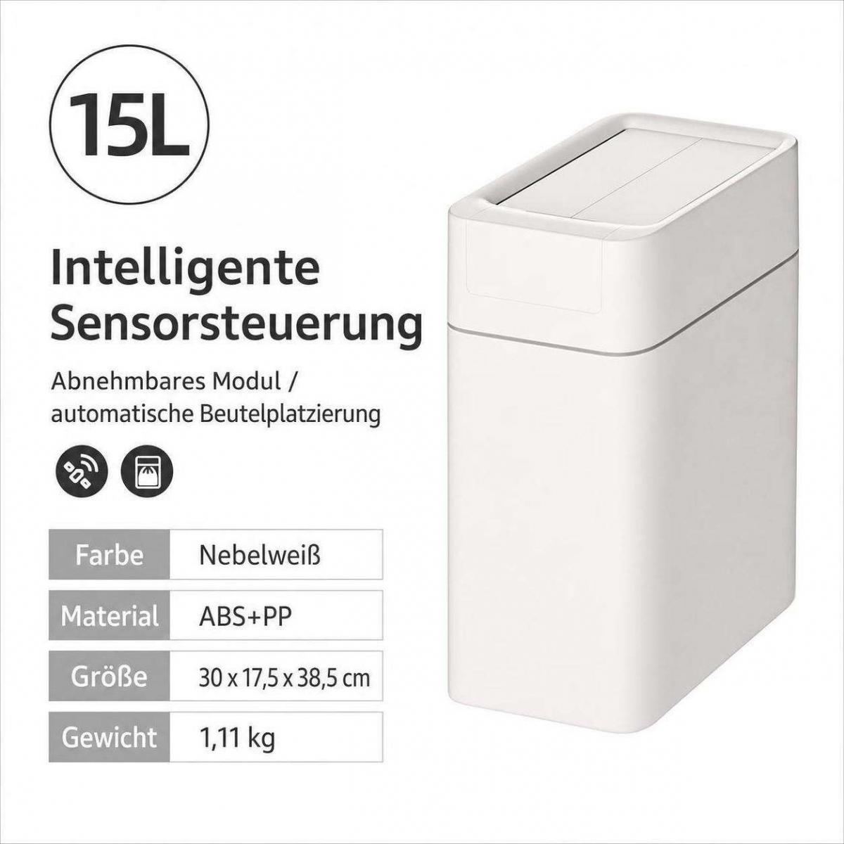 Weißer 15L Mülleimer mit Sensorsteuerung und technischen Details auf weißem Hintergrund.