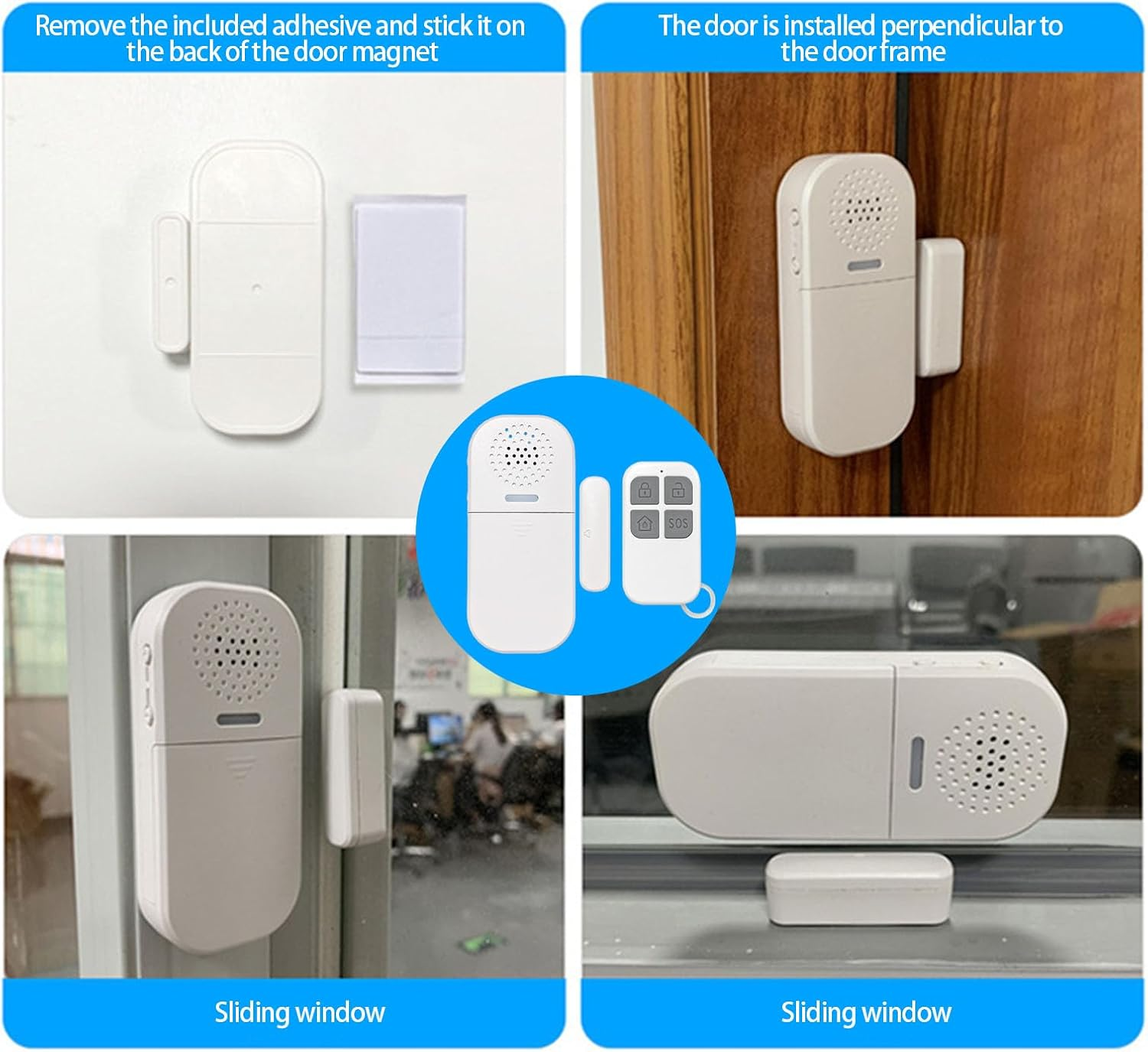Vier Bilder zeigen die Installation eines weißen Tür- und Fensteralarms mit Fernbedienung.