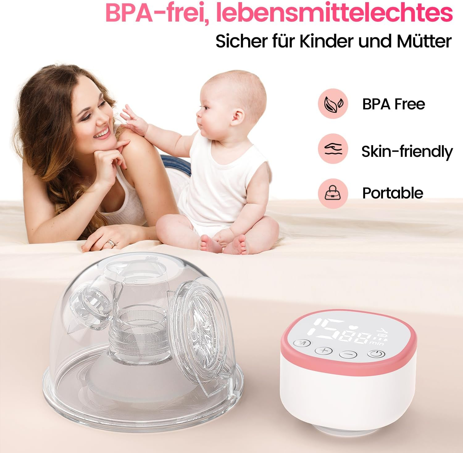 Eine Mutter und ein Baby ruhen auf einem Bett neben einer klaren Milchpumpe.