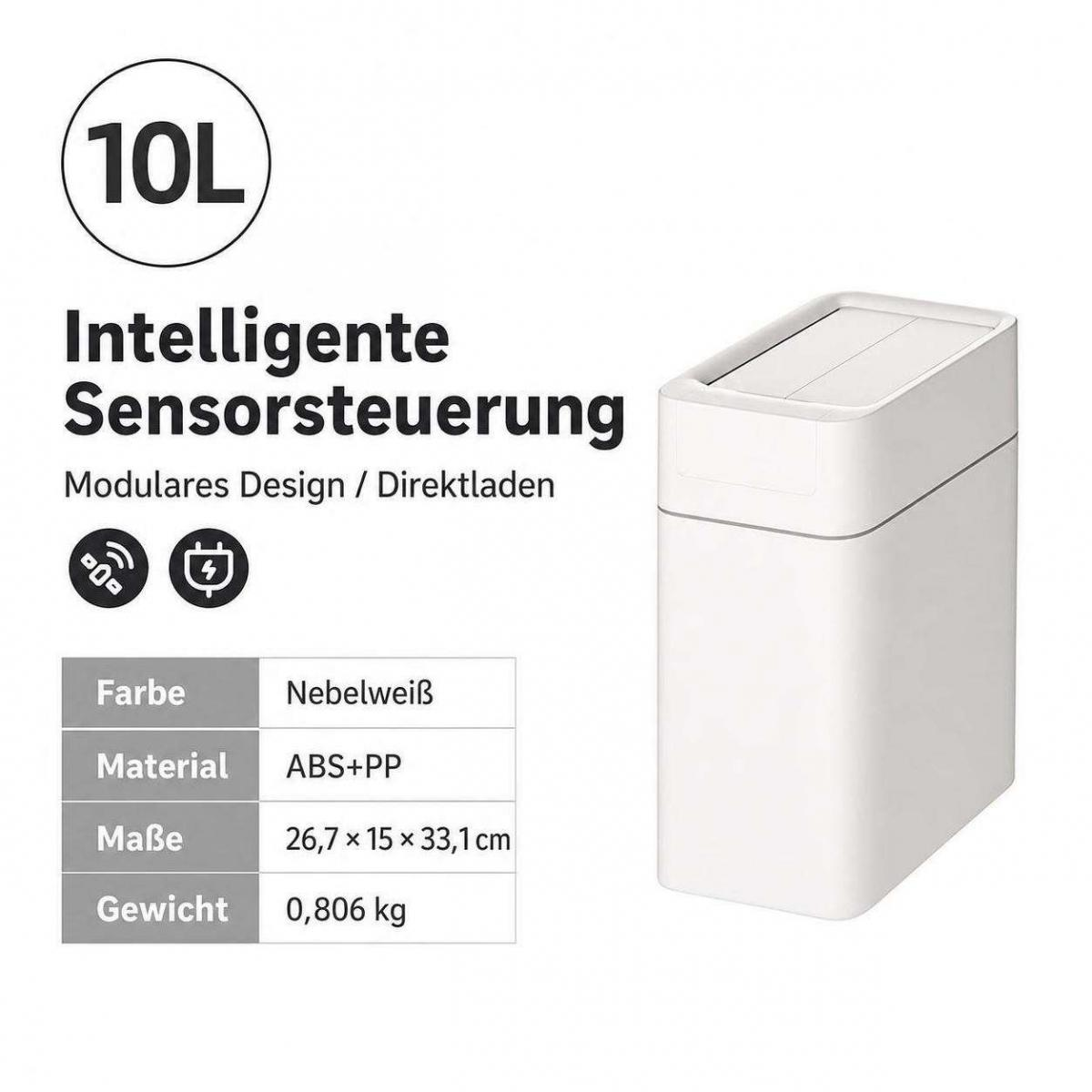 Ein weißer 10L-Sensor-Mülleimer mit Produktspezifikationen wie Farbe, Material und Maßen.