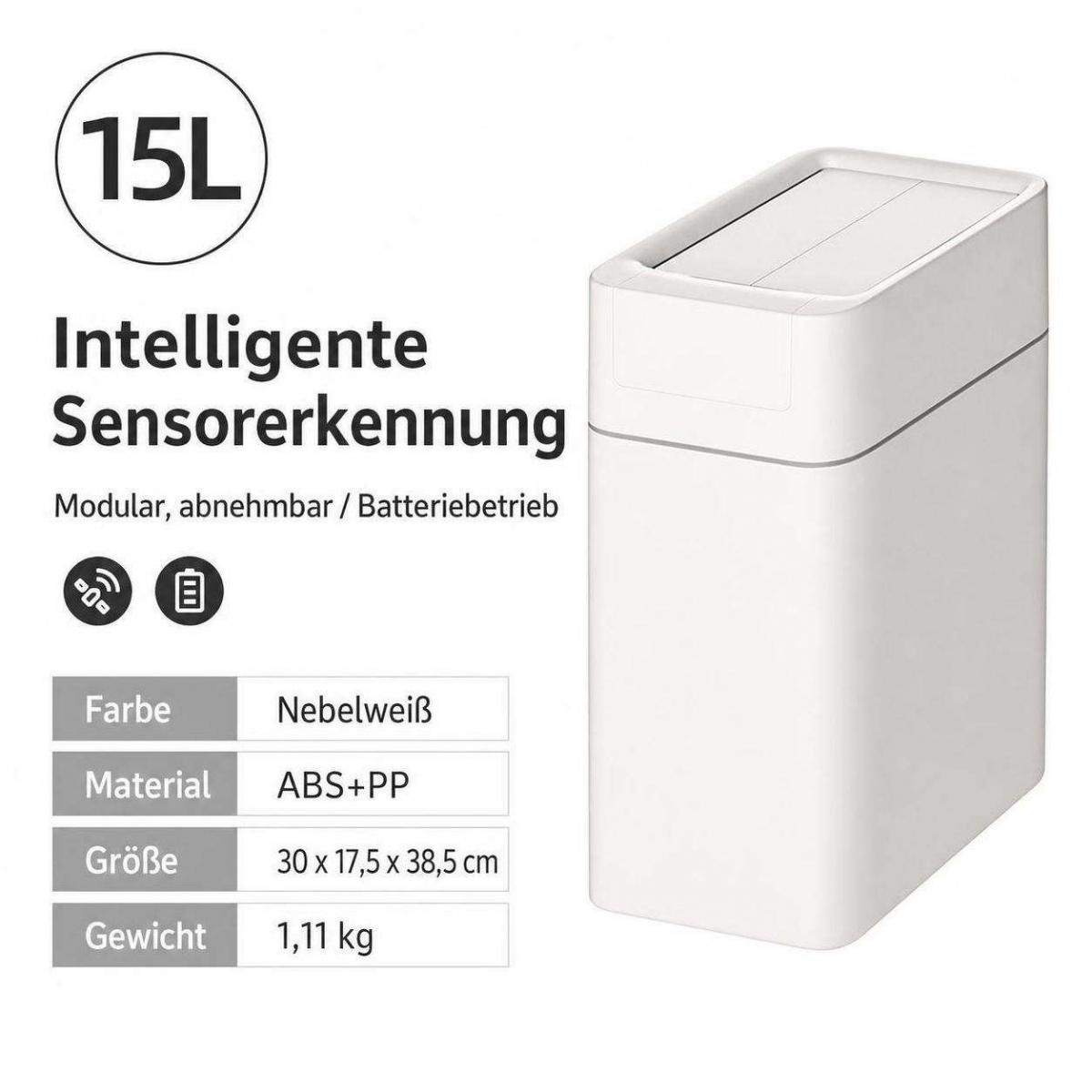 Ein weißer 15-Liter-Sensormülleimer mit technischen Details wie Farbe, Material und Größe auf weißem Hintergrund.