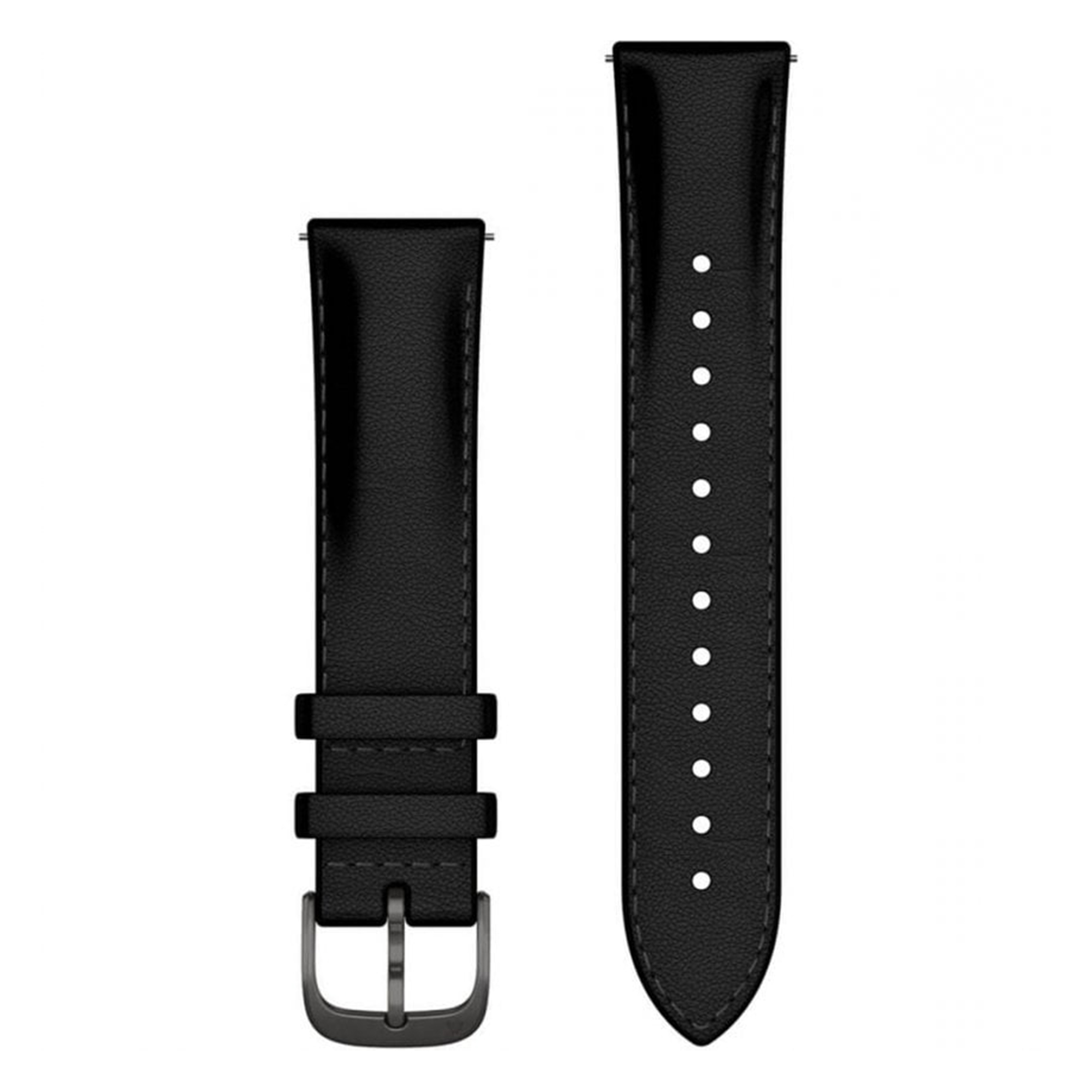 Ein schwarzes Lederuhrarmband mit einer dunklen Metallschnalle und integrierten Pins auf weißem Hintergrund.