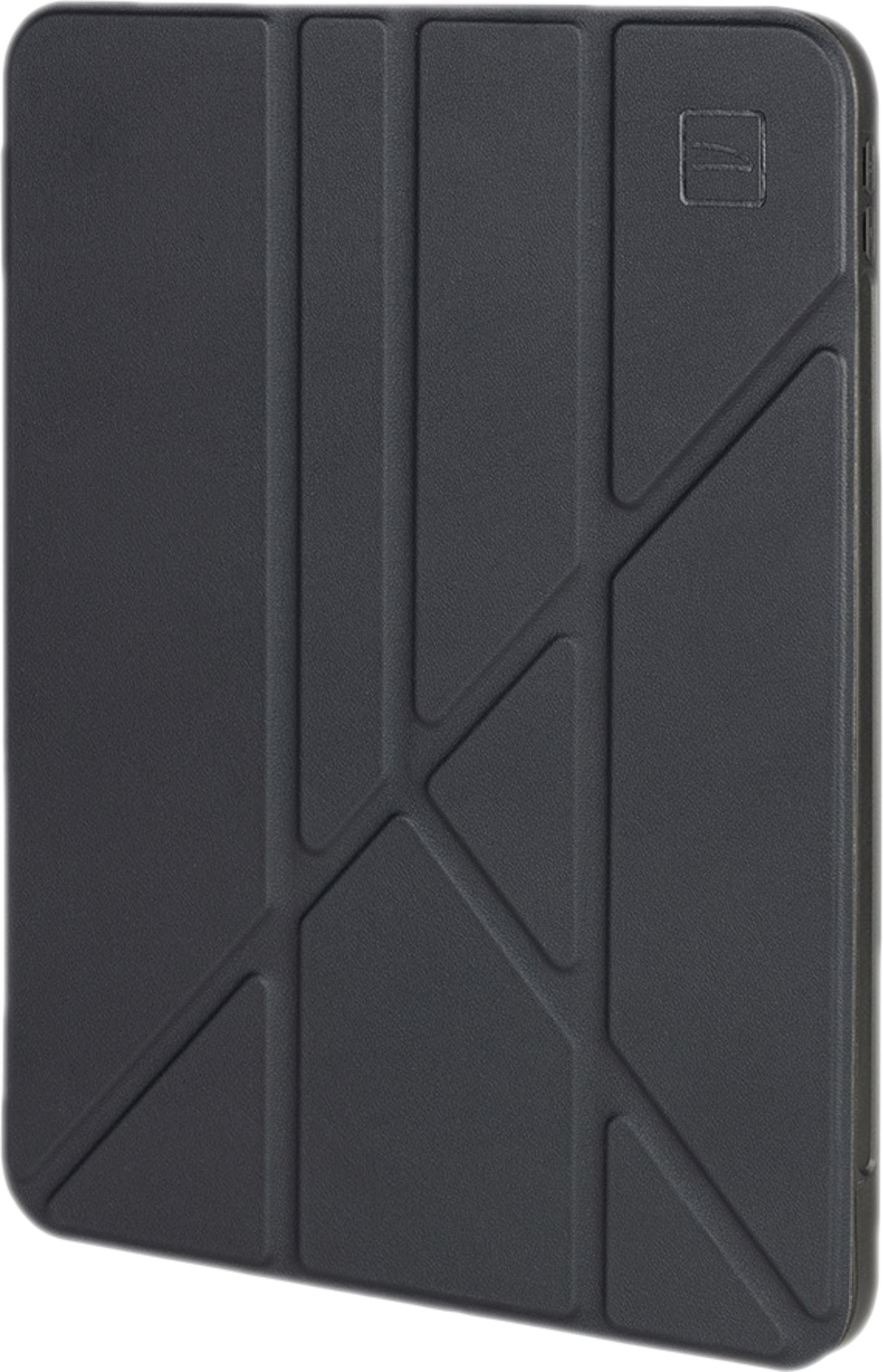 Ein schwarzes Tablet-Cover mit geometrischem Origami-Faltmuster und kleinem Logo oben rechts.
