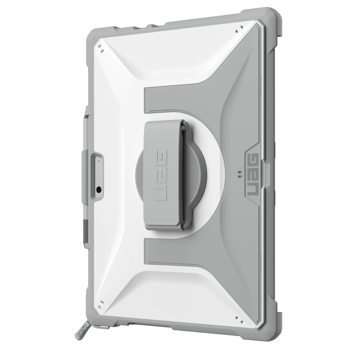 Robuste weiße und graue Tablet-Hülle mit integriertem Handgriff und Stifthalter auf der Rückseite.