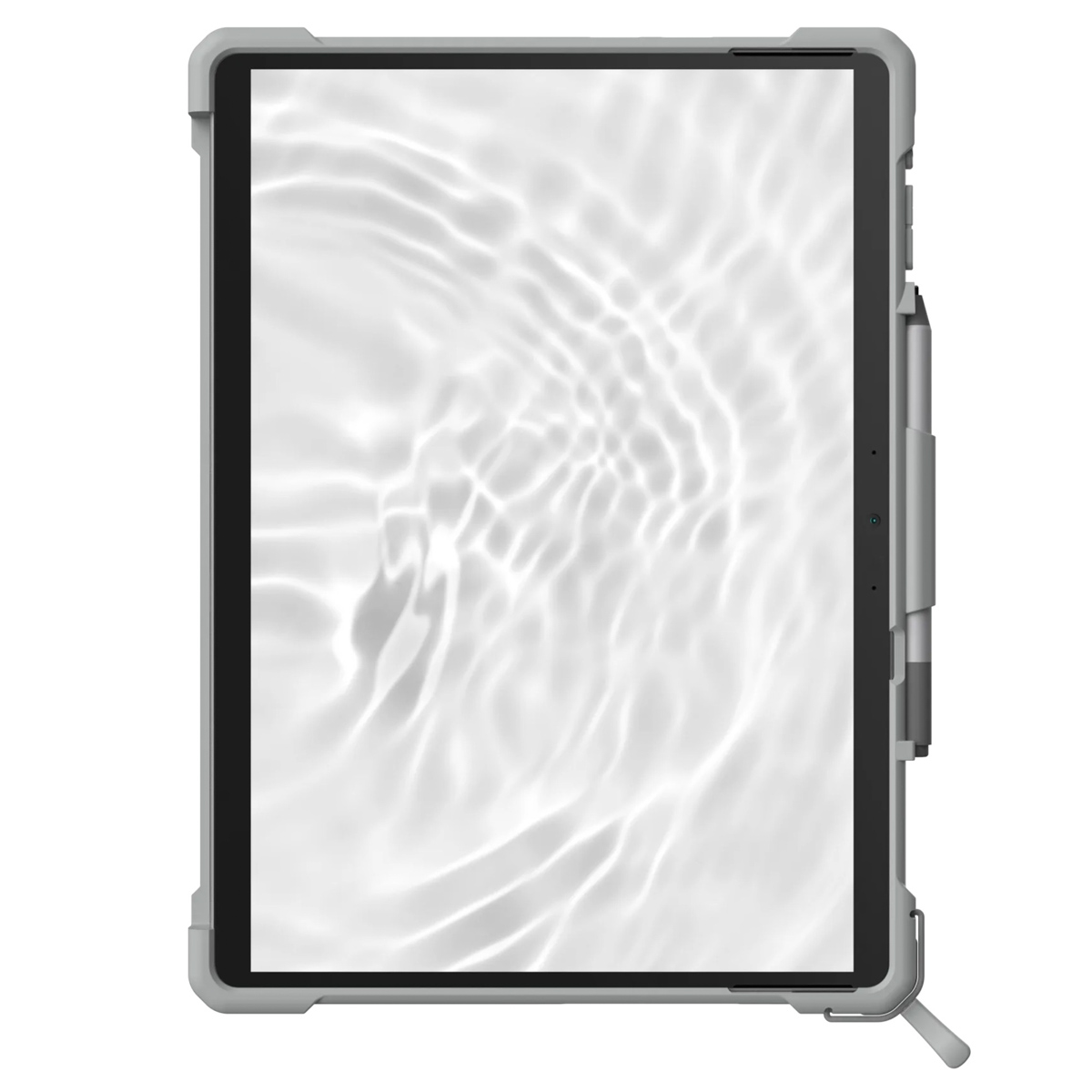 Ein graues Tablet in einer robusten Schutzhülle, mit Stift an der Seite und Wasserwellen-Hintergrundbild.