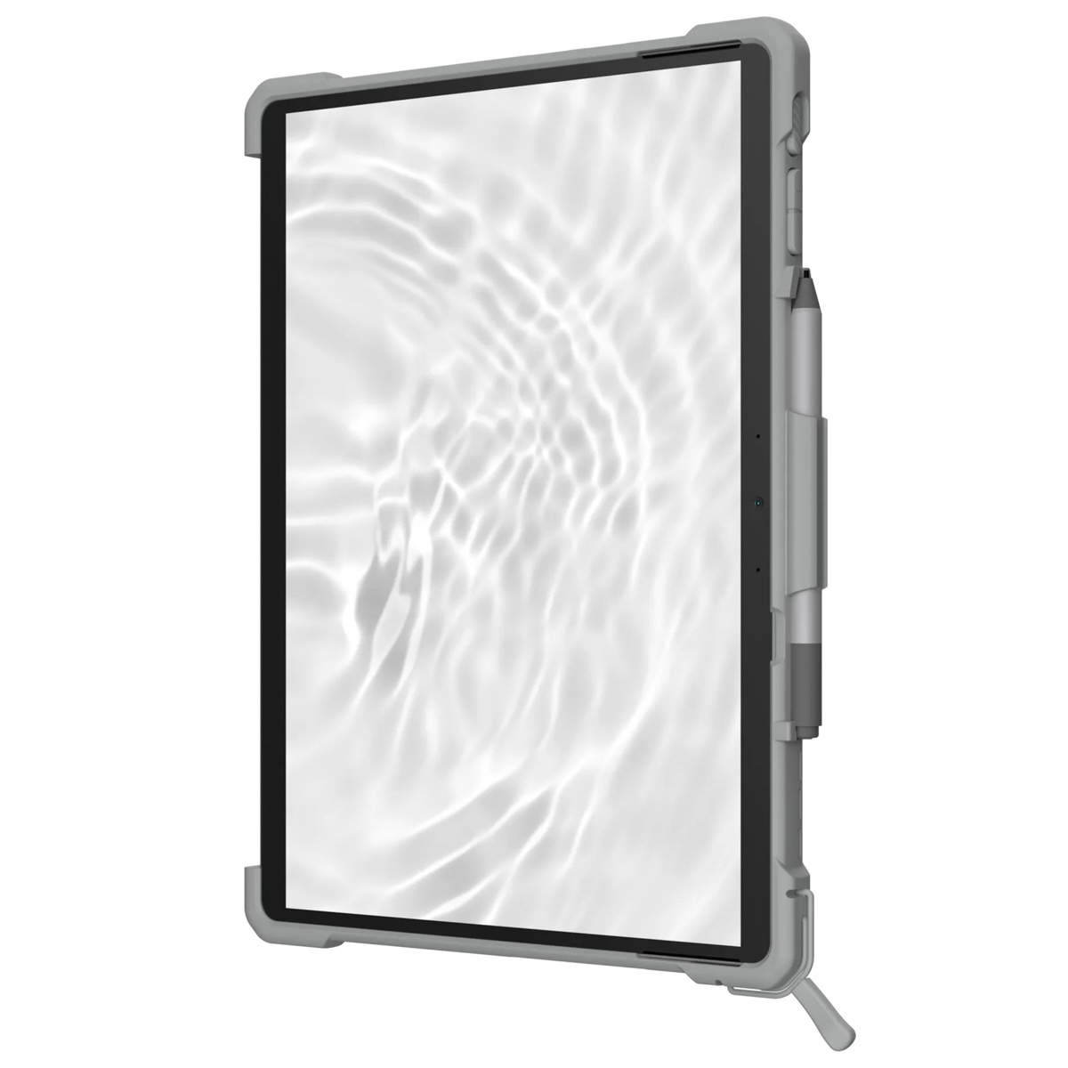 Graues Tablet in Schutzhülle mit integriertem Stift auf weißem Hintergrund.