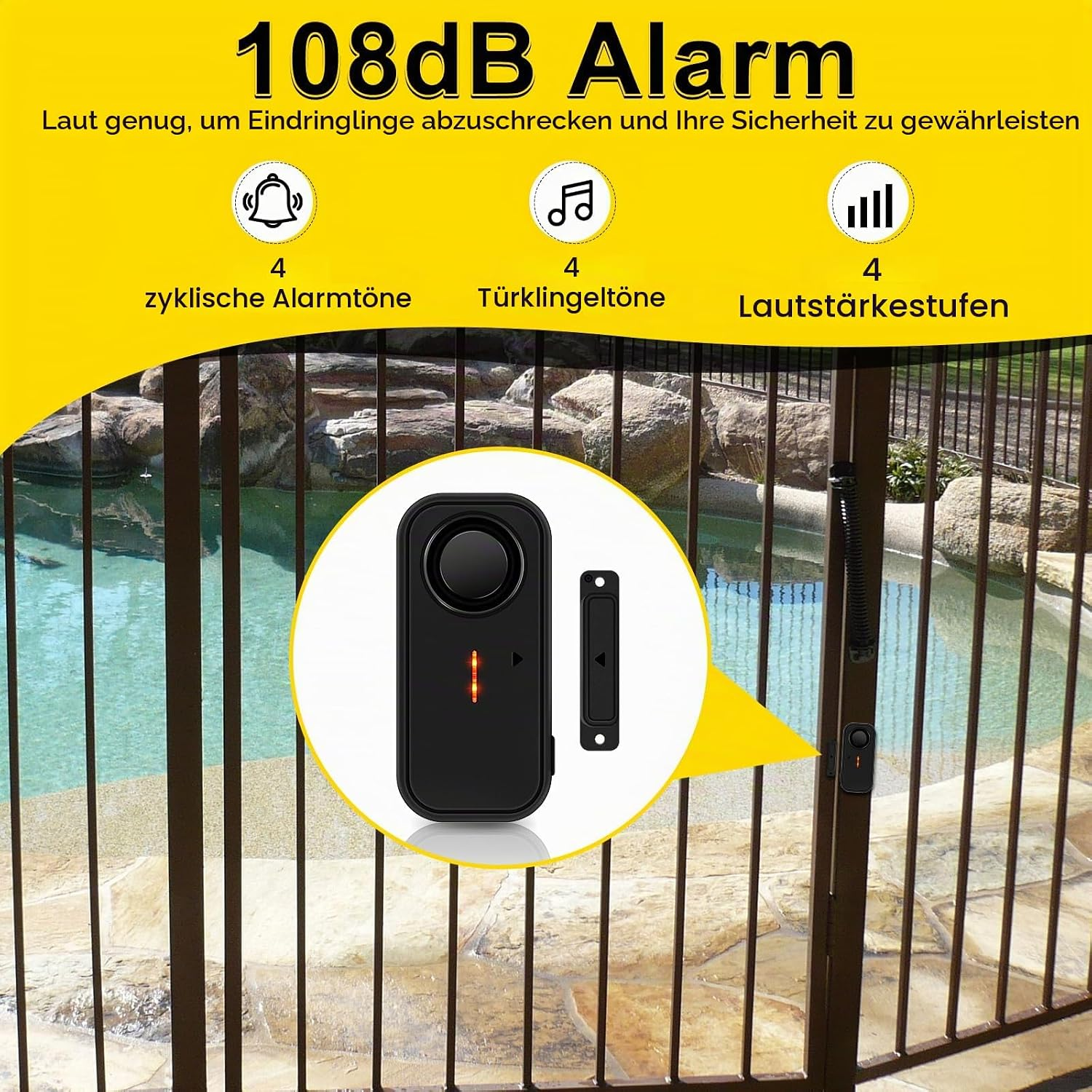 Ein schwarzer Poolalarm an einem Metallzaun mit einem Swimmingpool im Hintergrund.