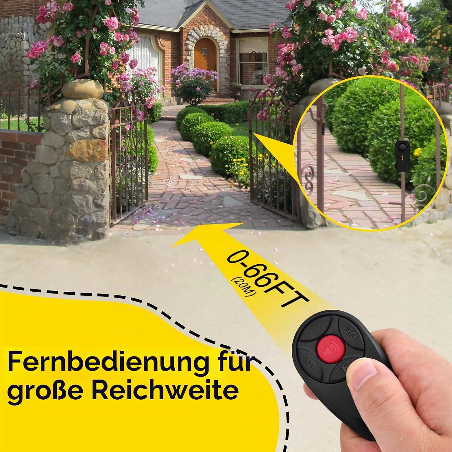 Hand hält eine Fernbedienung, die ein Tor vor einem Haus aus 0 bis 20 Metern Entfernung steuert.