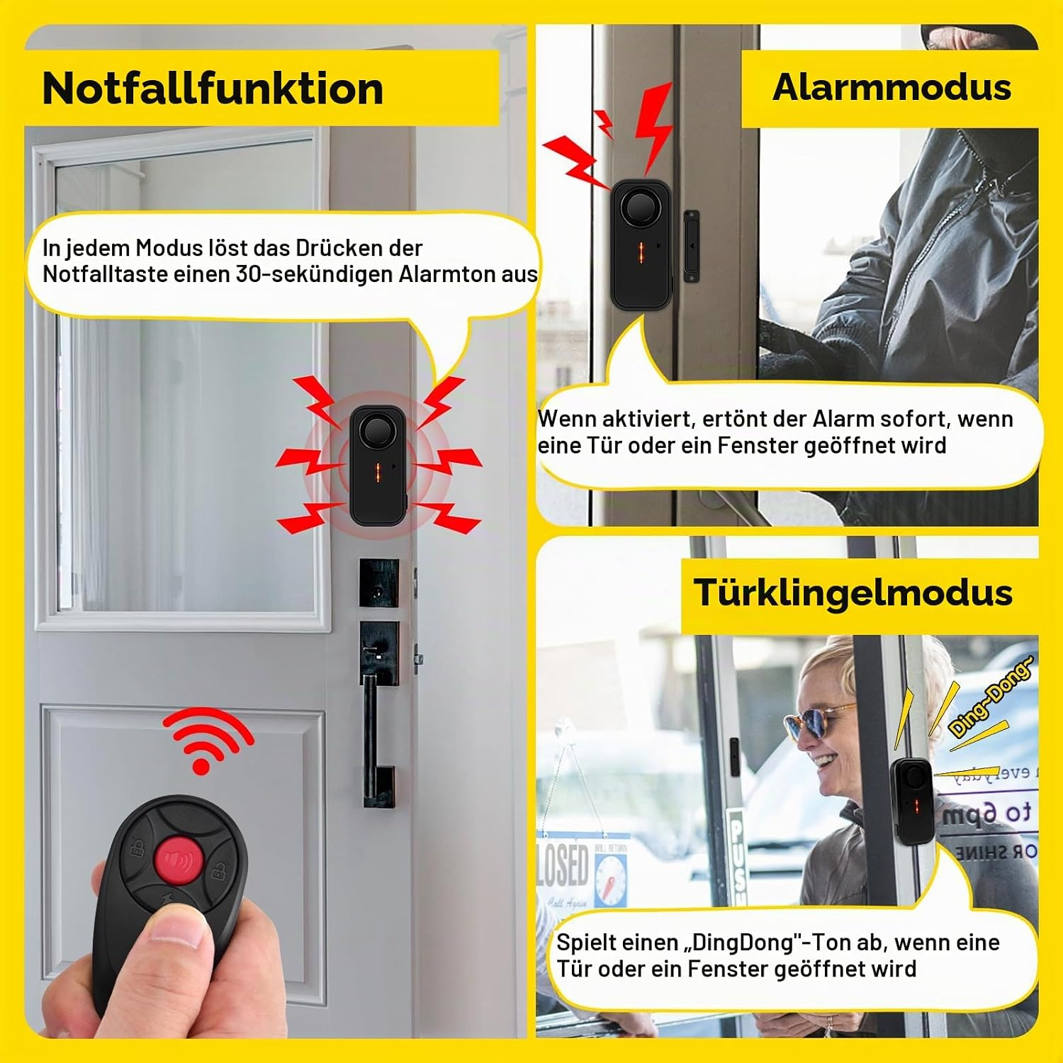 Infografik zeigt drei Modi eines Tür- und Fensteralarms mit Notfall, Alarm und Klingel.