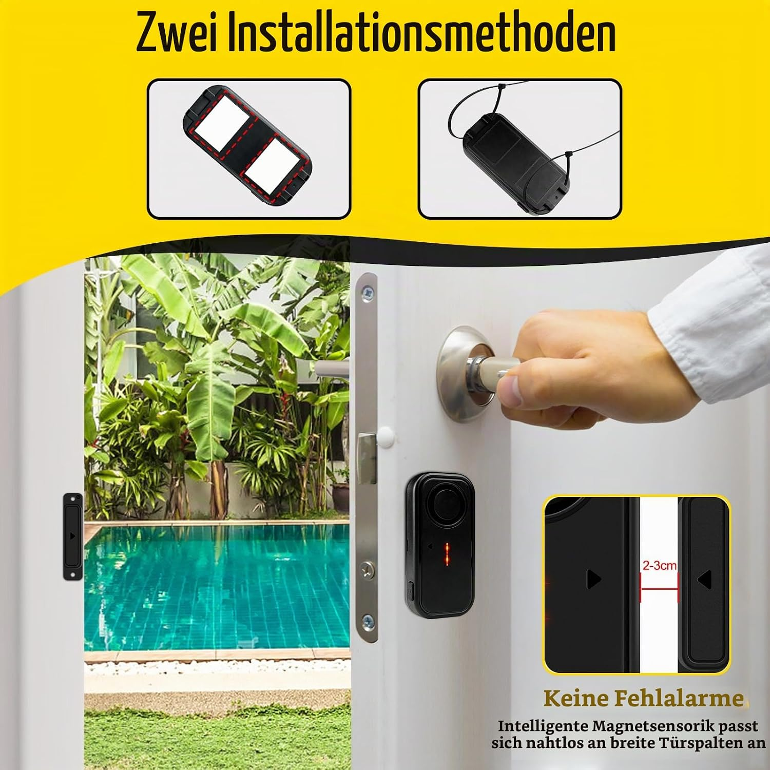 Ein Bild mit zwei Installationsmethoden für ein smartes Türschloss und Blick auf einen Pool.