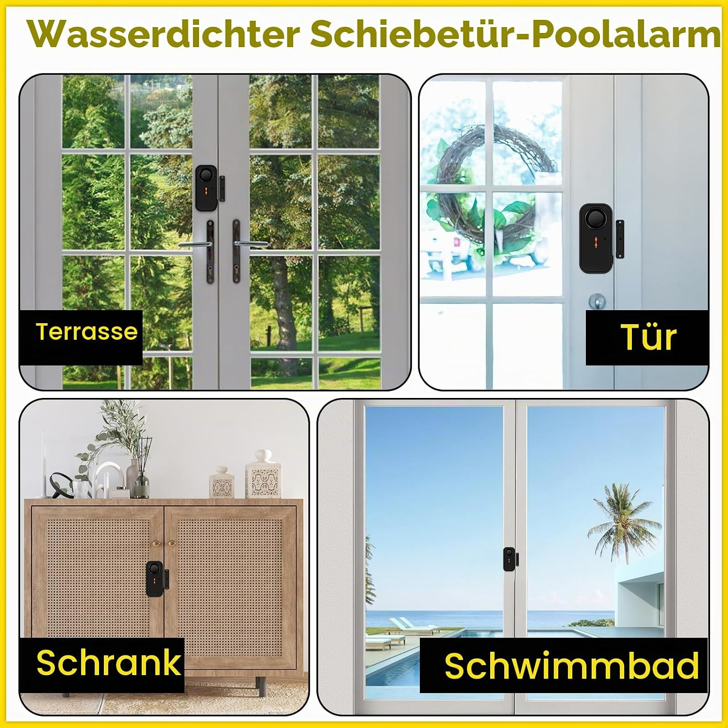Wasserdichter Schiebetür-Poolalarm, montiert an verschiedenen Türen und Schränken mit Blick nach draußen.