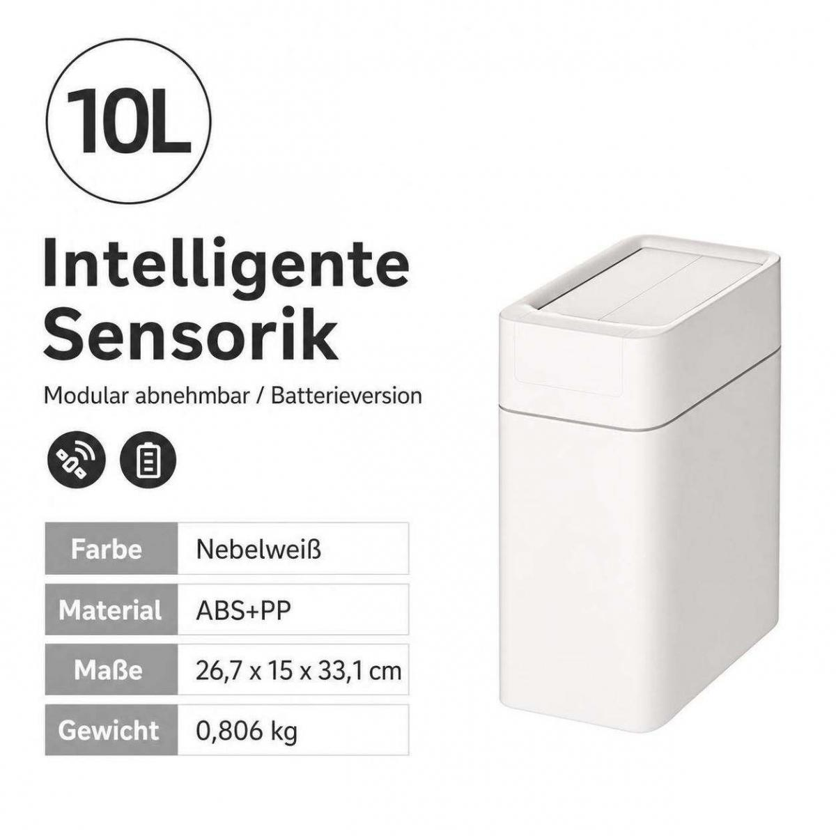 Weißer 10L-Sensor-Mülleimer mit deutschen Spezifikationen links.