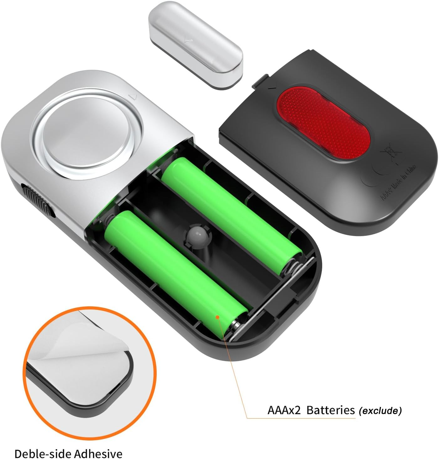 Eine zerlegte schwarze und silberne Funkklingel zeigt ihre internen AAA-Batterien und doppelseitiges Klebeband.