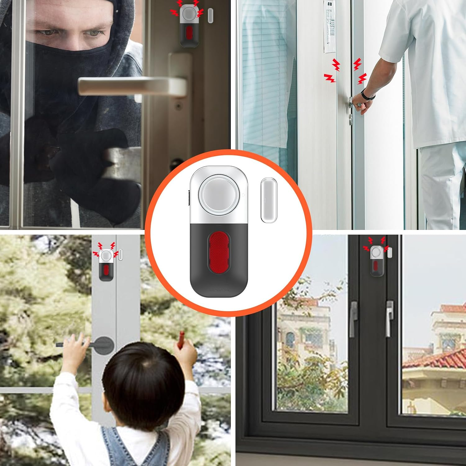 Sicherheitsalarm für Türen und Fenster, der Einbrüche und das Öffnen durch Kinder verhindert.