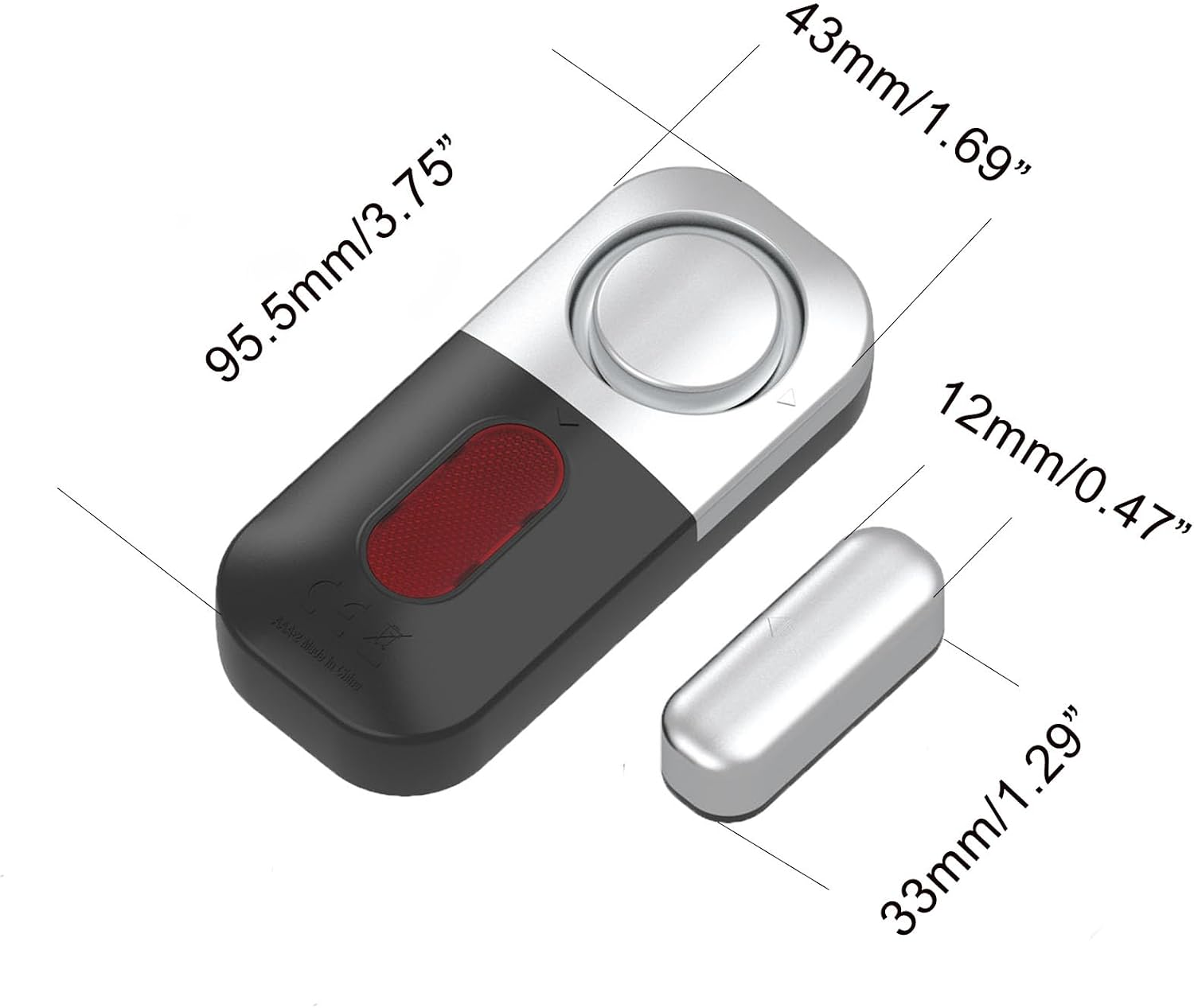 Diagramm eines schwarzen und silbernen Tür- oder Fensteralarms mit Maßen in mm und Zoll.