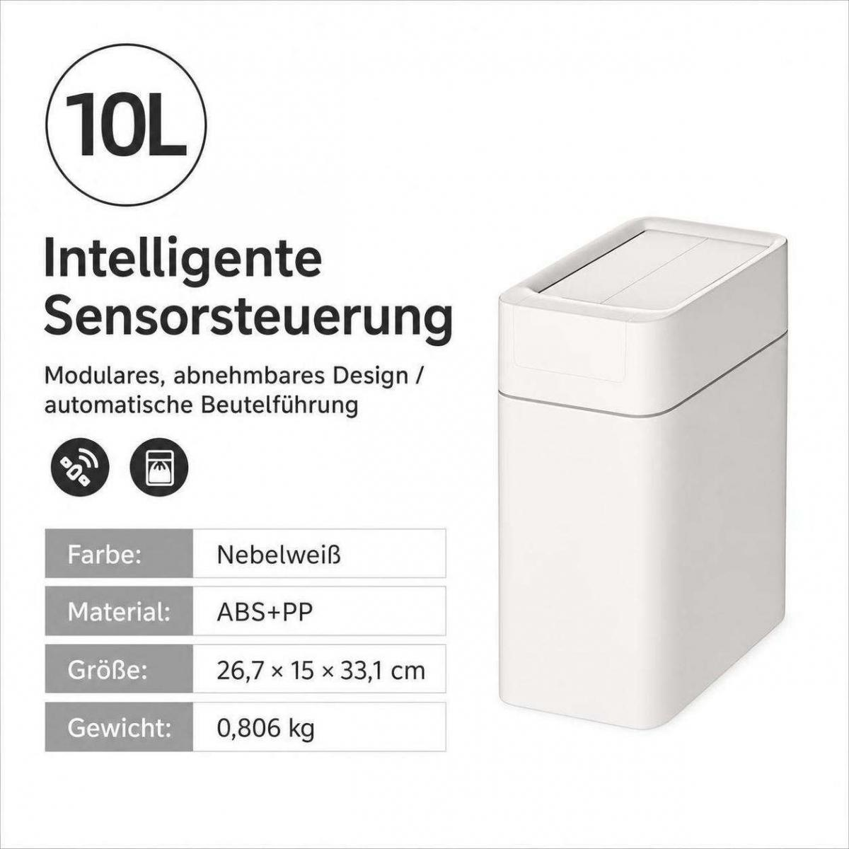 Weißer 10L-Mülleimer mit Sensorsteuerung, Produktdetails und Maßen auf weißem Hintergrund.