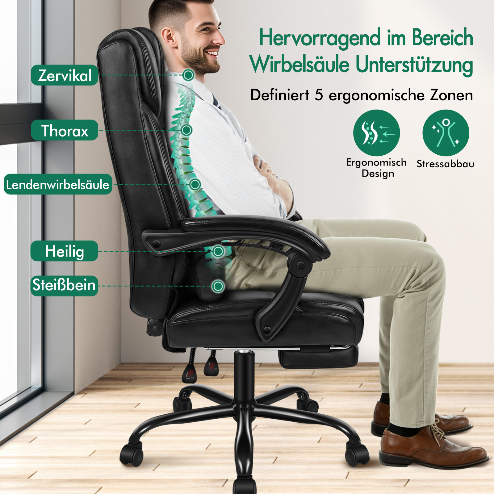 Ein lächelnder Mann sitzt auf einem schwarzen ergonomischen Bürostuhl mit Wirbelsäulenunterstützung.