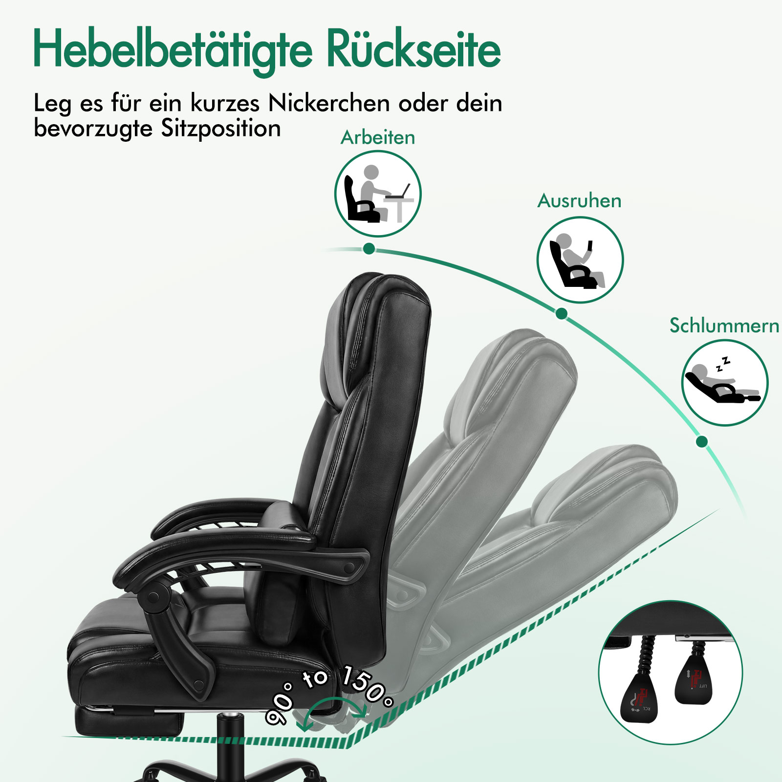 Schwarzer Buerostuhl mit verstellbarer Rueckenlehne von 90 bis 150 Grad fuer Arbeit, Ruhe und Schlummern.