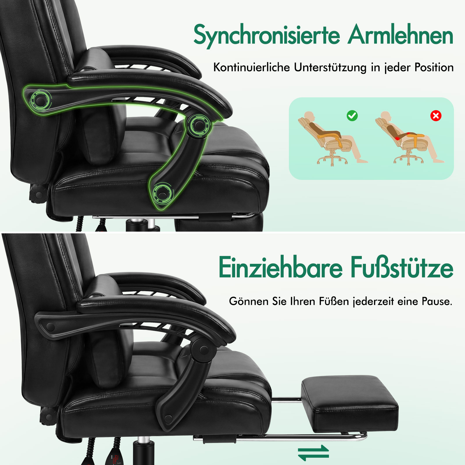Schwarzer Bürostuhl mit synchronisierten Armlehnen und ausziehbarer Fußstütze.