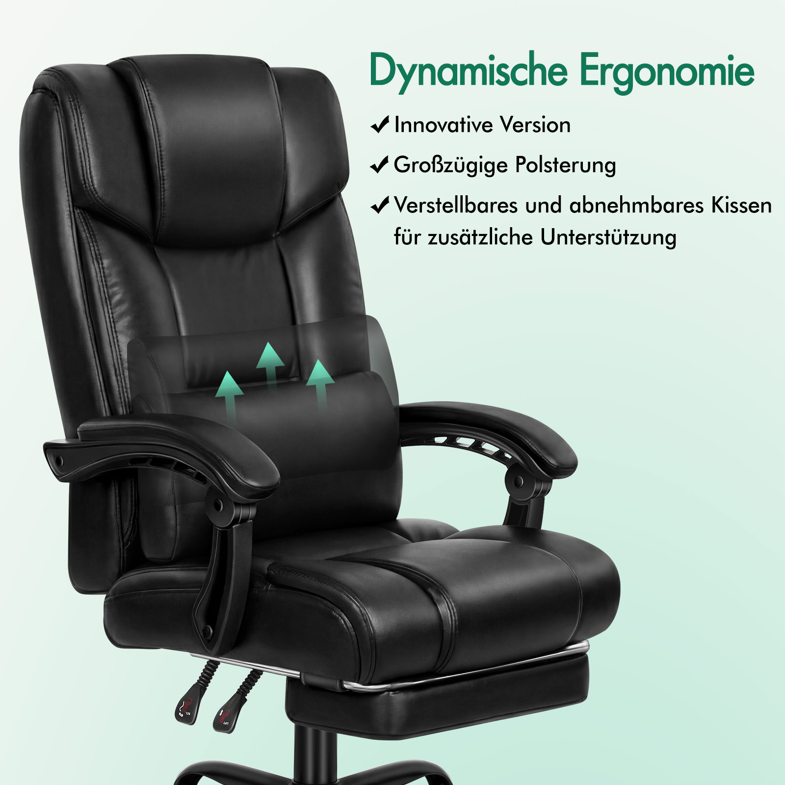 Schwarzer ergonomischer Buerostuhl mit verstellbarem Lendenkissen und Fussstuetze vor hellem Hintergrund.