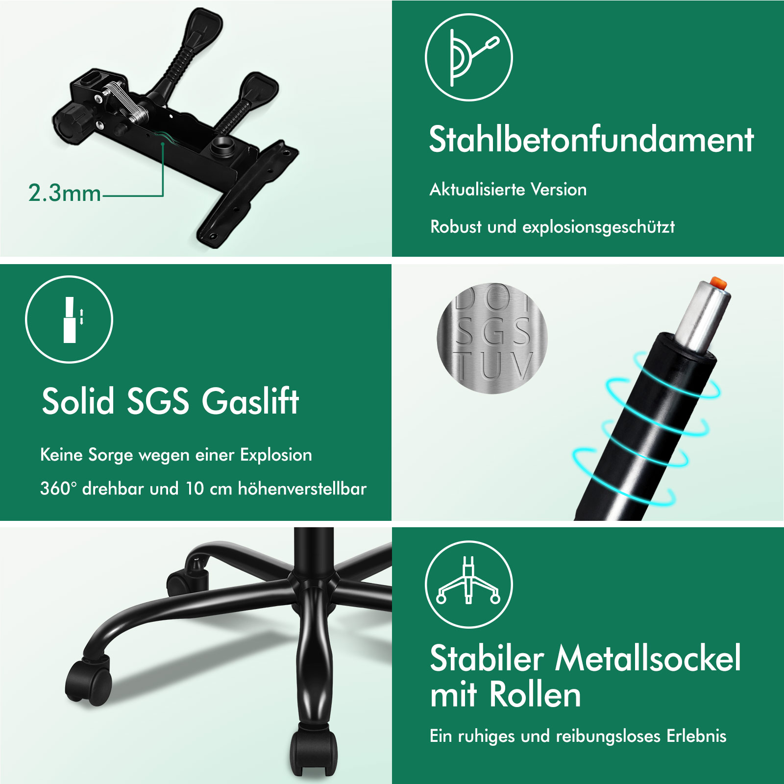 Produktmerkmale: 2.3mm Stahlfundament, robuster SGS Gaslift und stabiler Metallsockel mit Rollen.