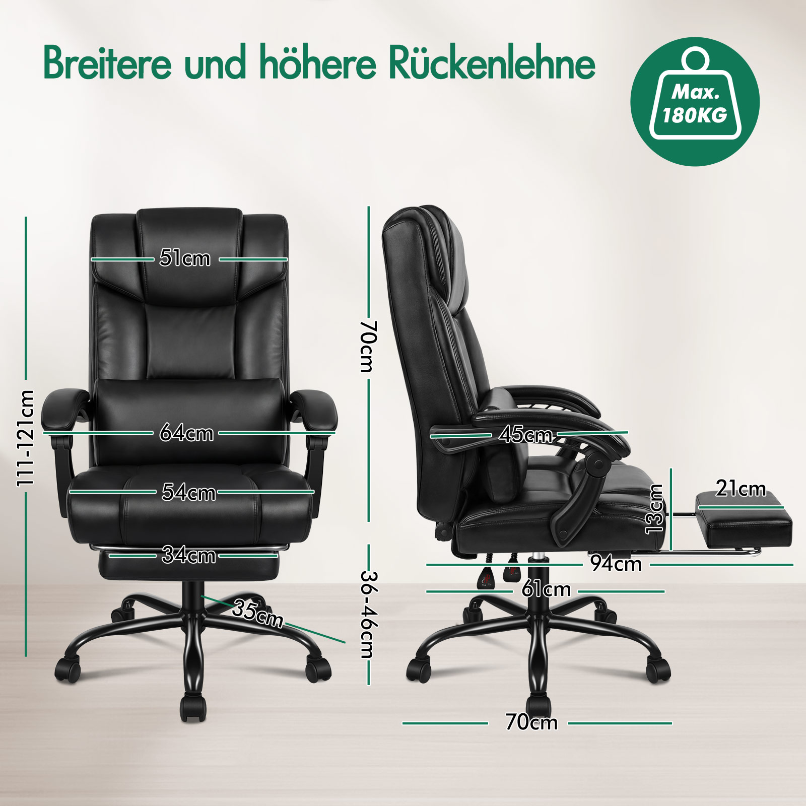 Vorder- und Seitenansicht eines schwarzen Bürostuhls mit Maßen, Fußstütze und Gewichtslimit-Symbol.