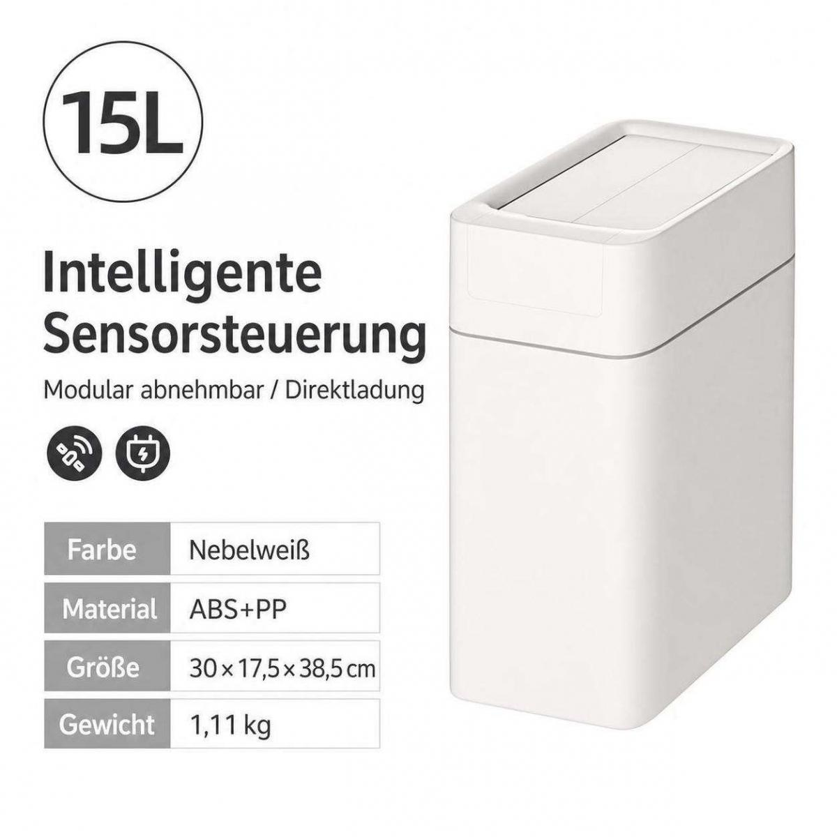 Weißer 15-Liter-Smart-Sensor-Mülleimer mit deutschen Produktspezifikationen.