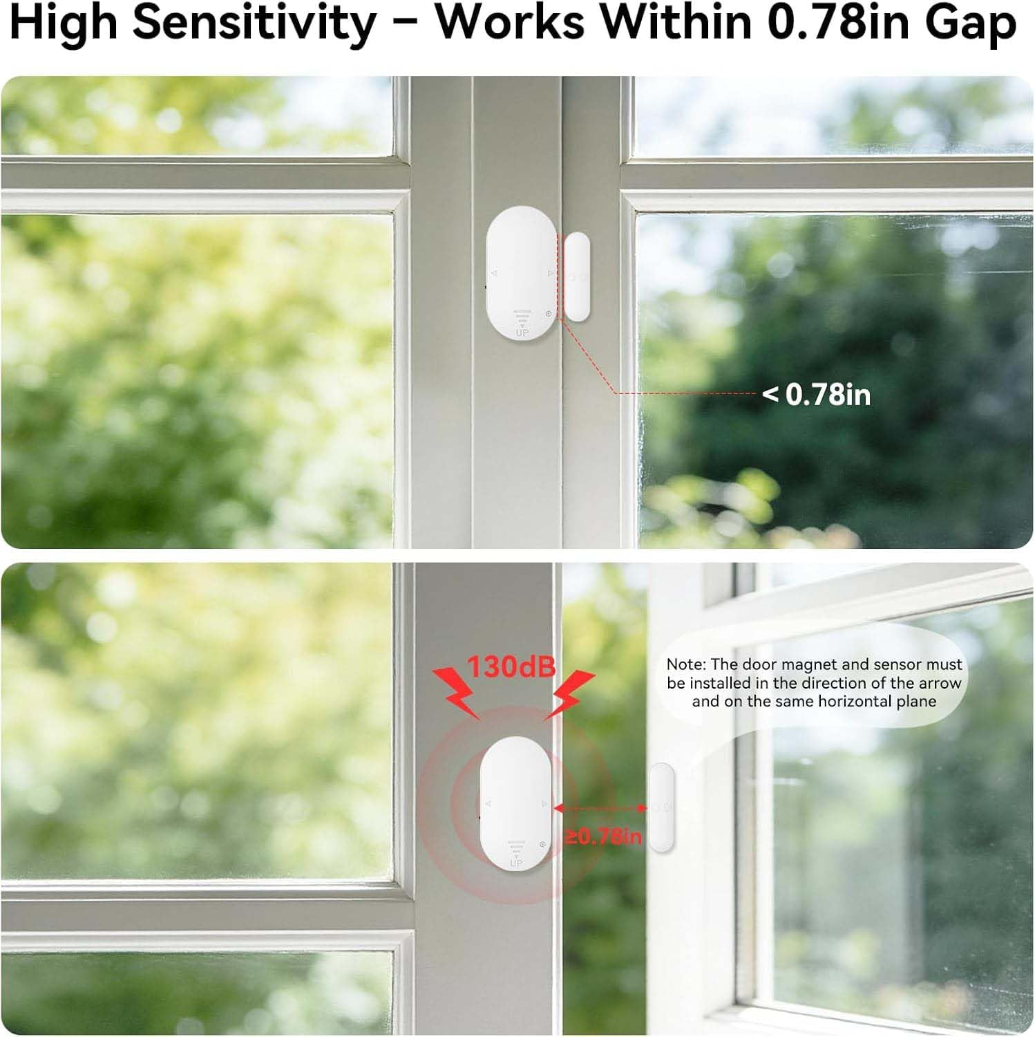 Zweiteiliger Fenstersensor mit 0.78in Abstand und 130dB Alarm.