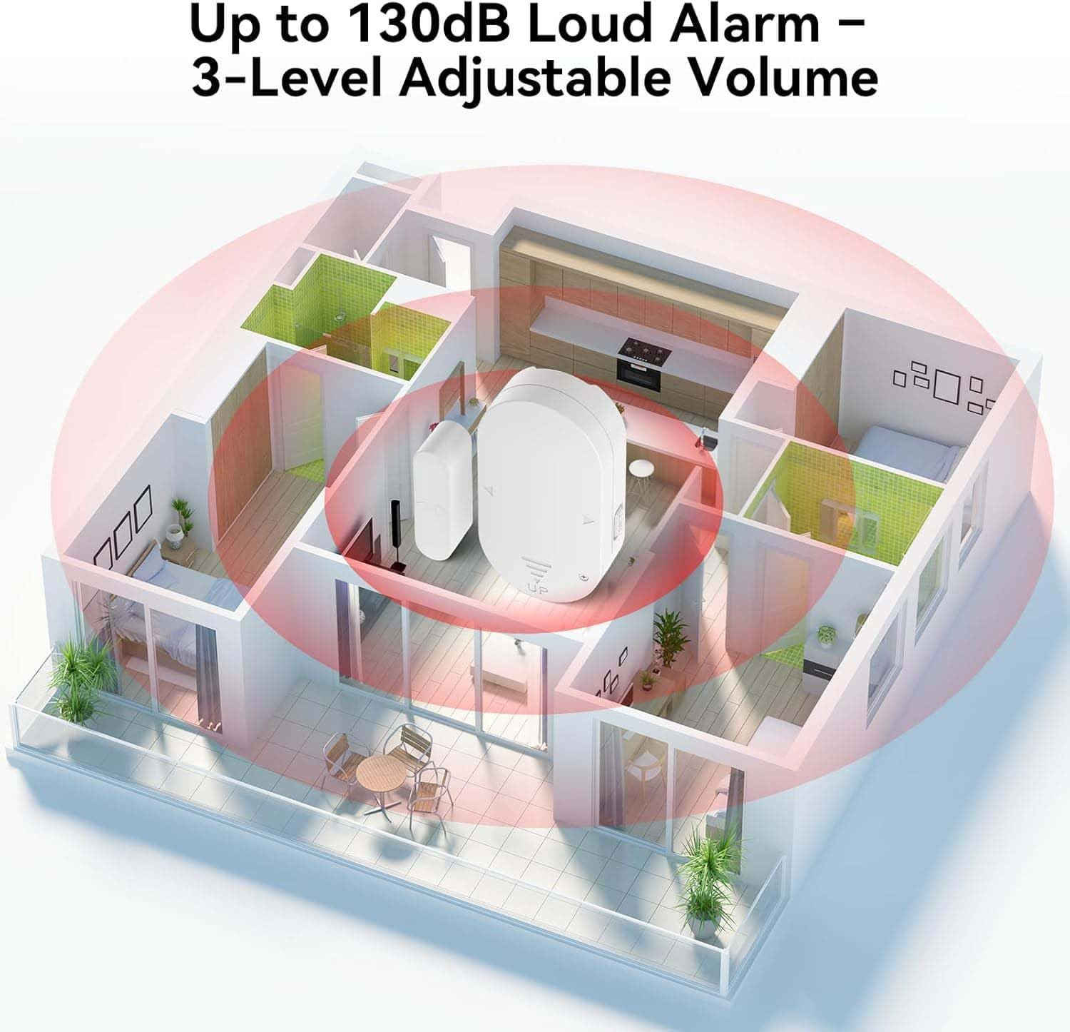 Ein weißes Alarmsystem im Zentrum einer modernen Wohnung mit rotem Schallwellenkreis.