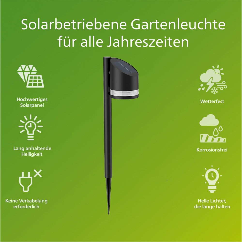 Solar-Gartenleuchte auf grünem Hintergrund mit Symbolen für Wetterfestigkeit, Solarpanel und Kabellosigkeit.