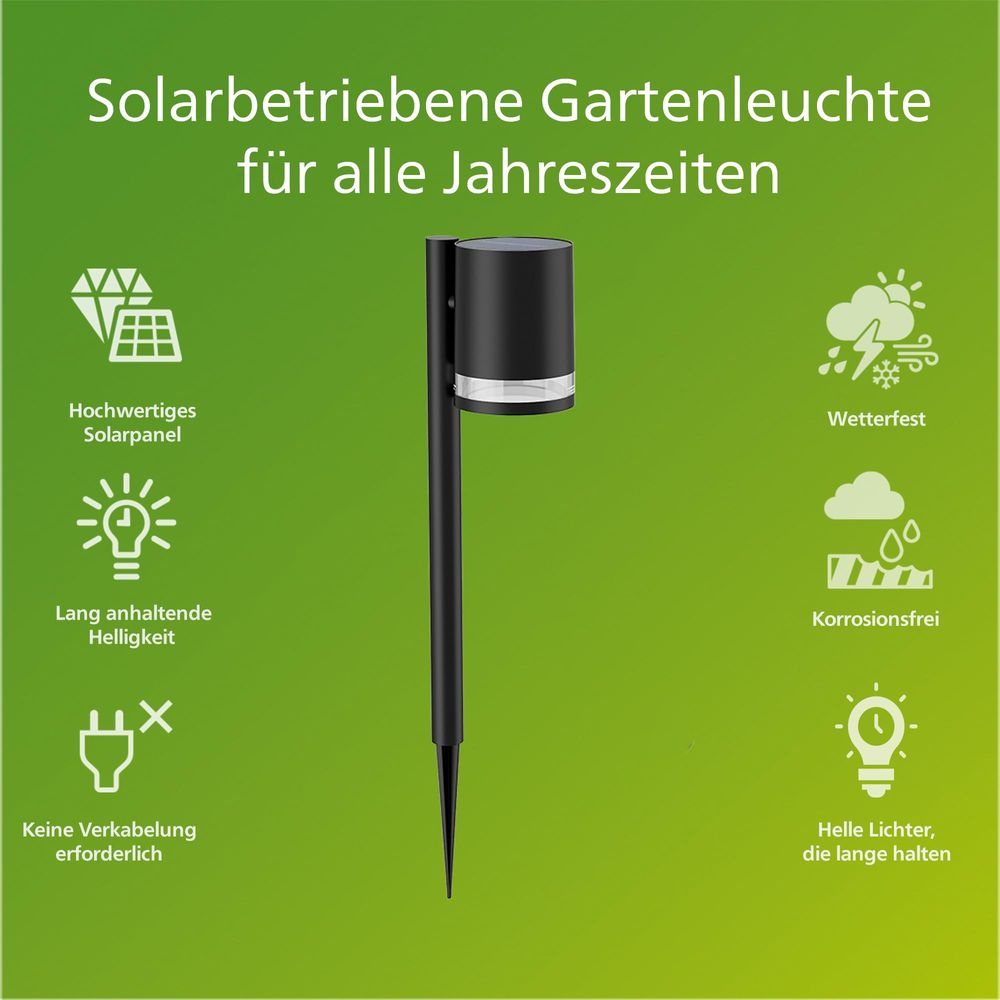 Lámpara solar negra para jardín sobre fondo verde con iconos de resistencia al clima, panel solar y sin cables.